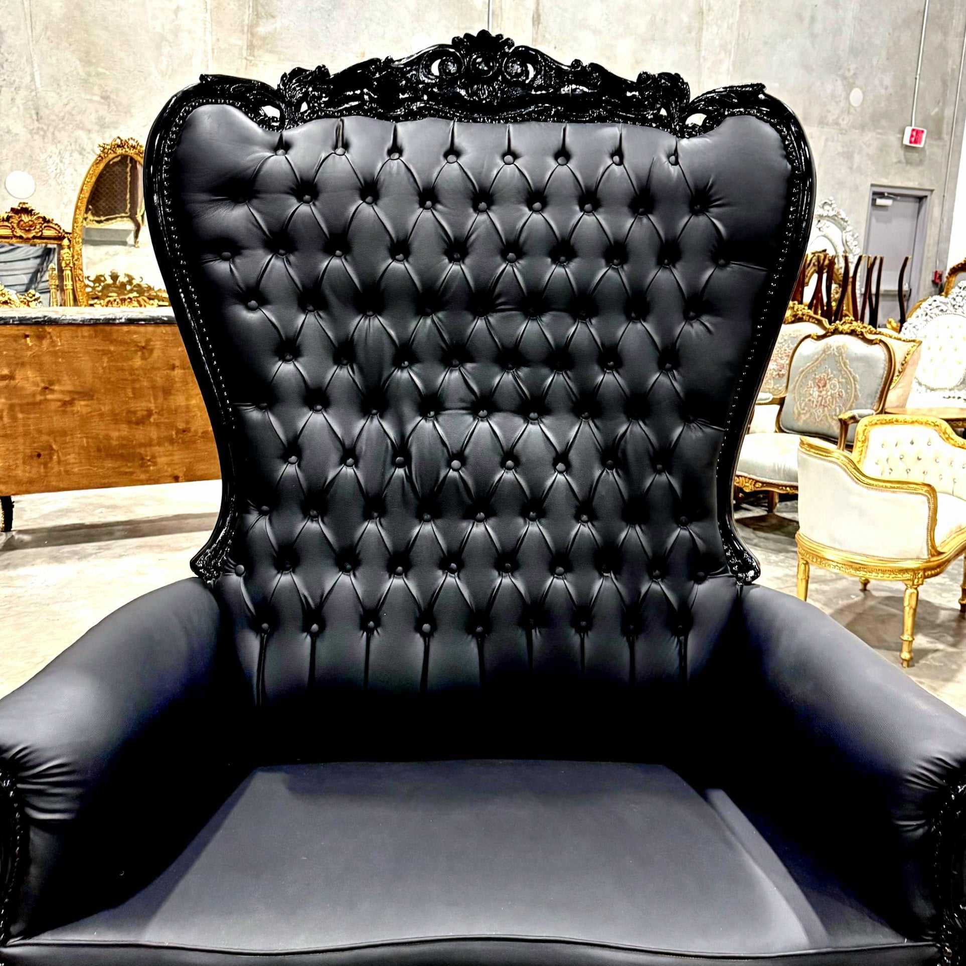 French Style Black Throne Chair Double Throne 2 Seater Black Leather *Damaged*