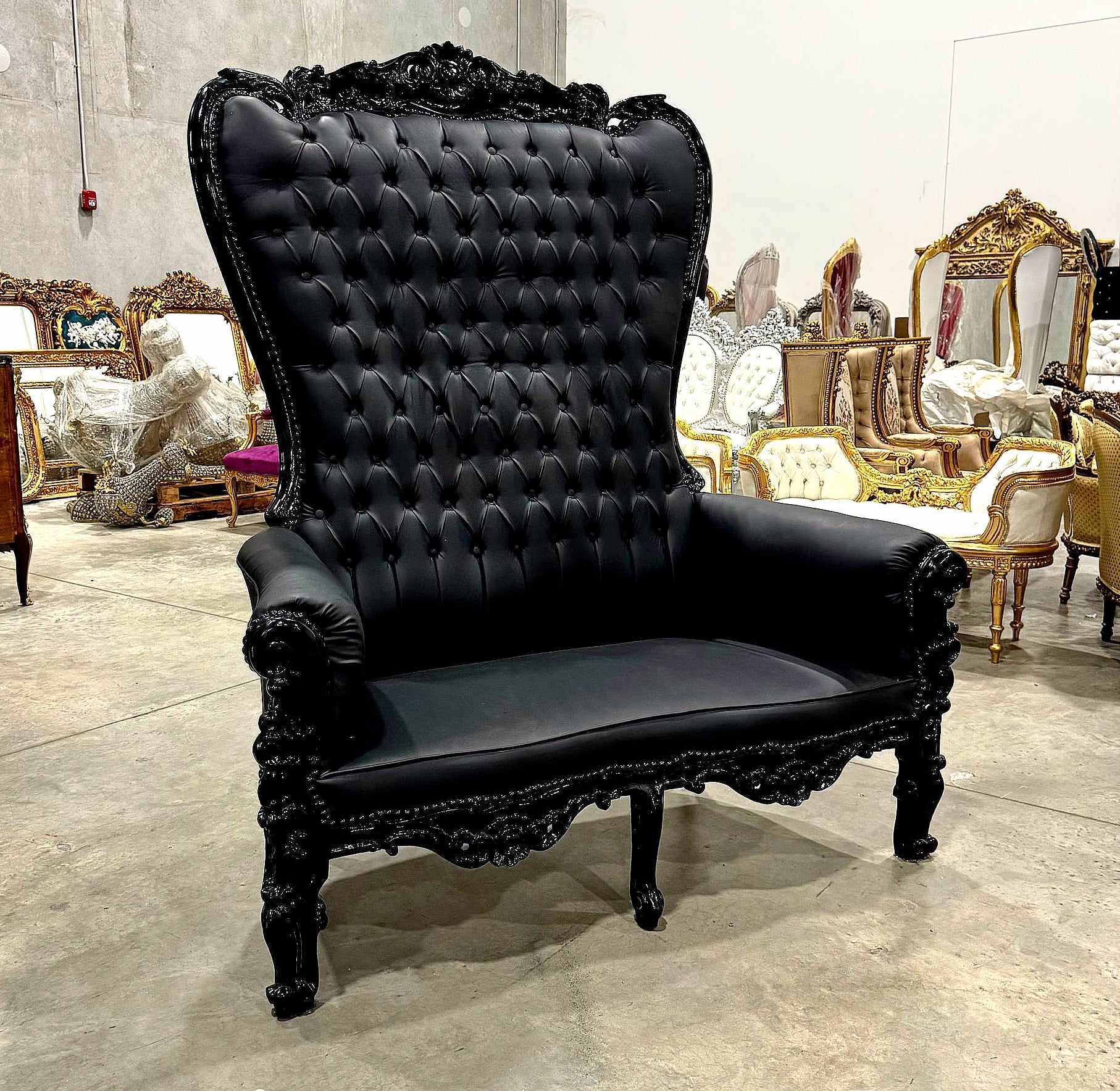 French Style Black Throne Chair Double Throne 2 Seater Black Leather *Damaged*