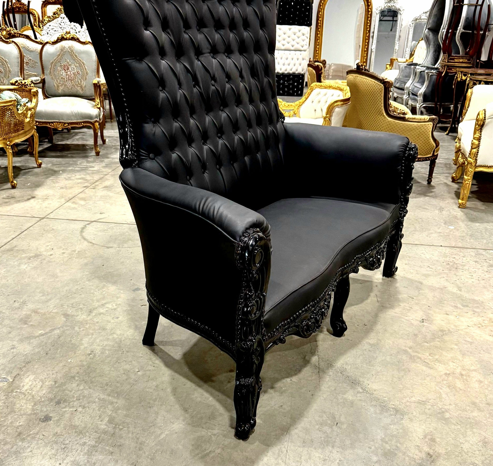 French Style Black Throne Chair Double Throne 2 Seater Black Leather *Damaged*