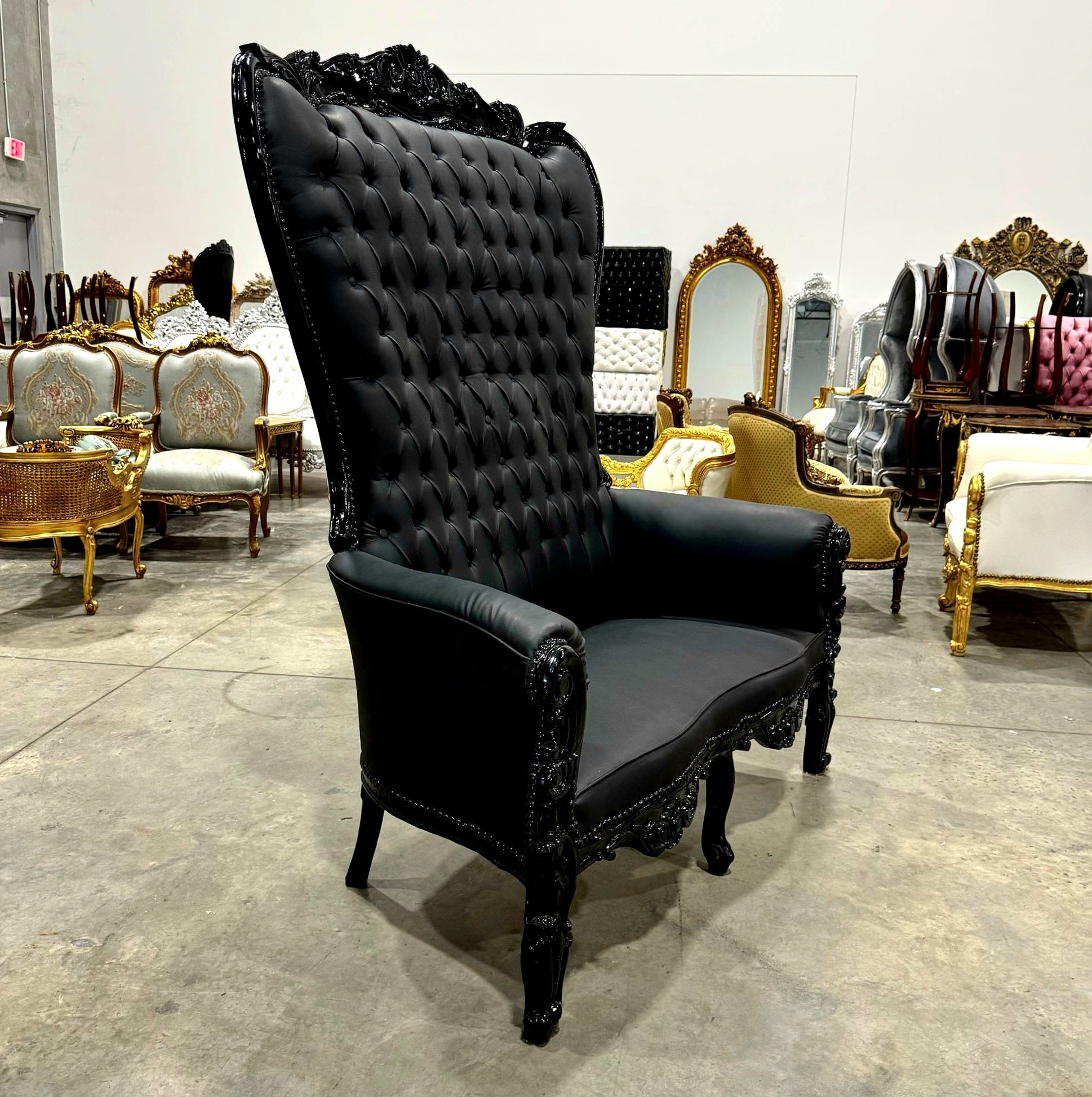 French Style Black Throne Chair Double Throne 2 Seater Black Leather *Damaged*