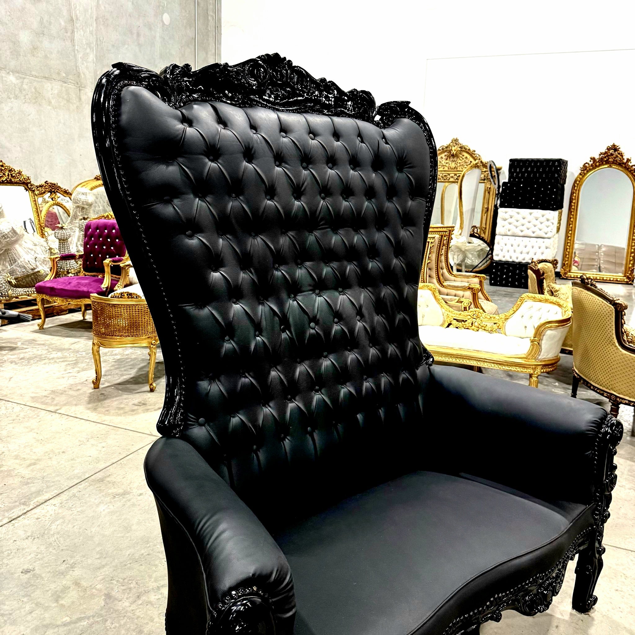 French Style Black Throne Chair Double Throne 2 Seater Black Leather *Damaged*