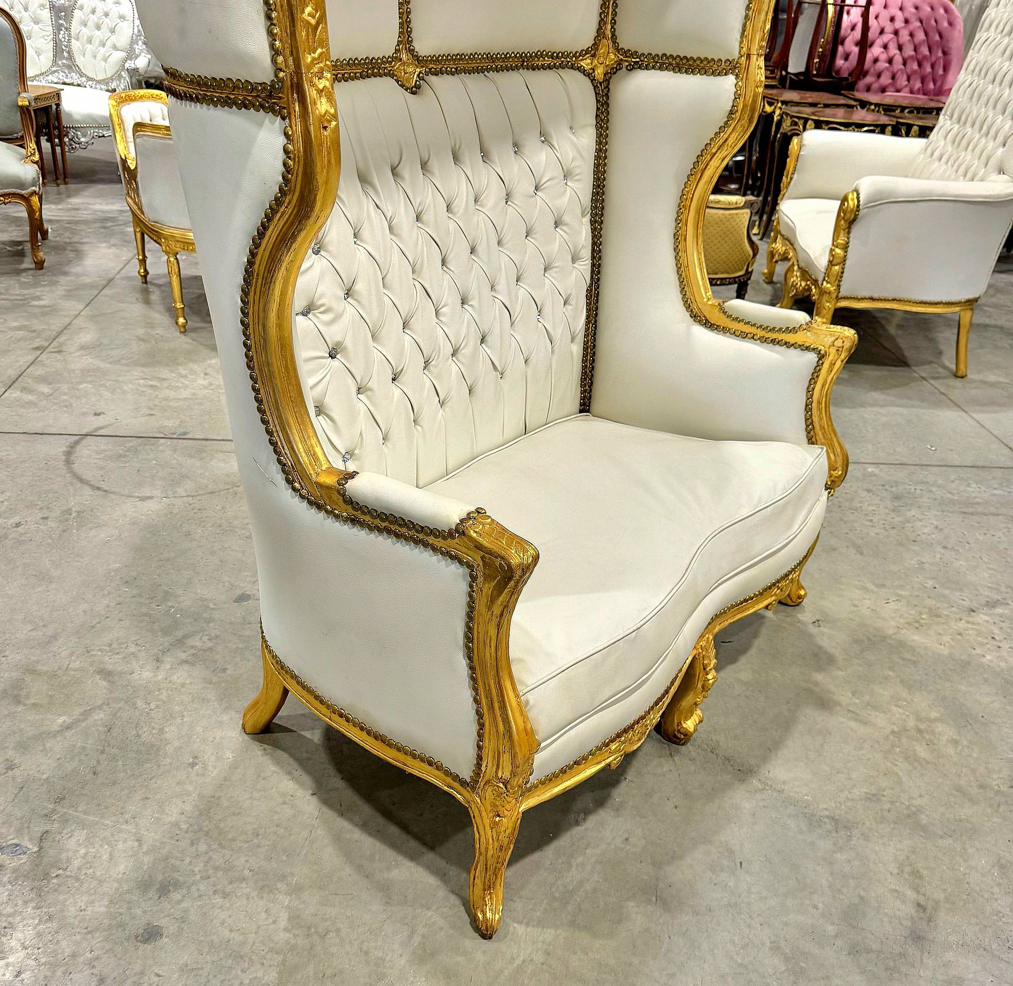 Double Balloon Chair French Style White Leather High-Back Canopy Lacquer Chair