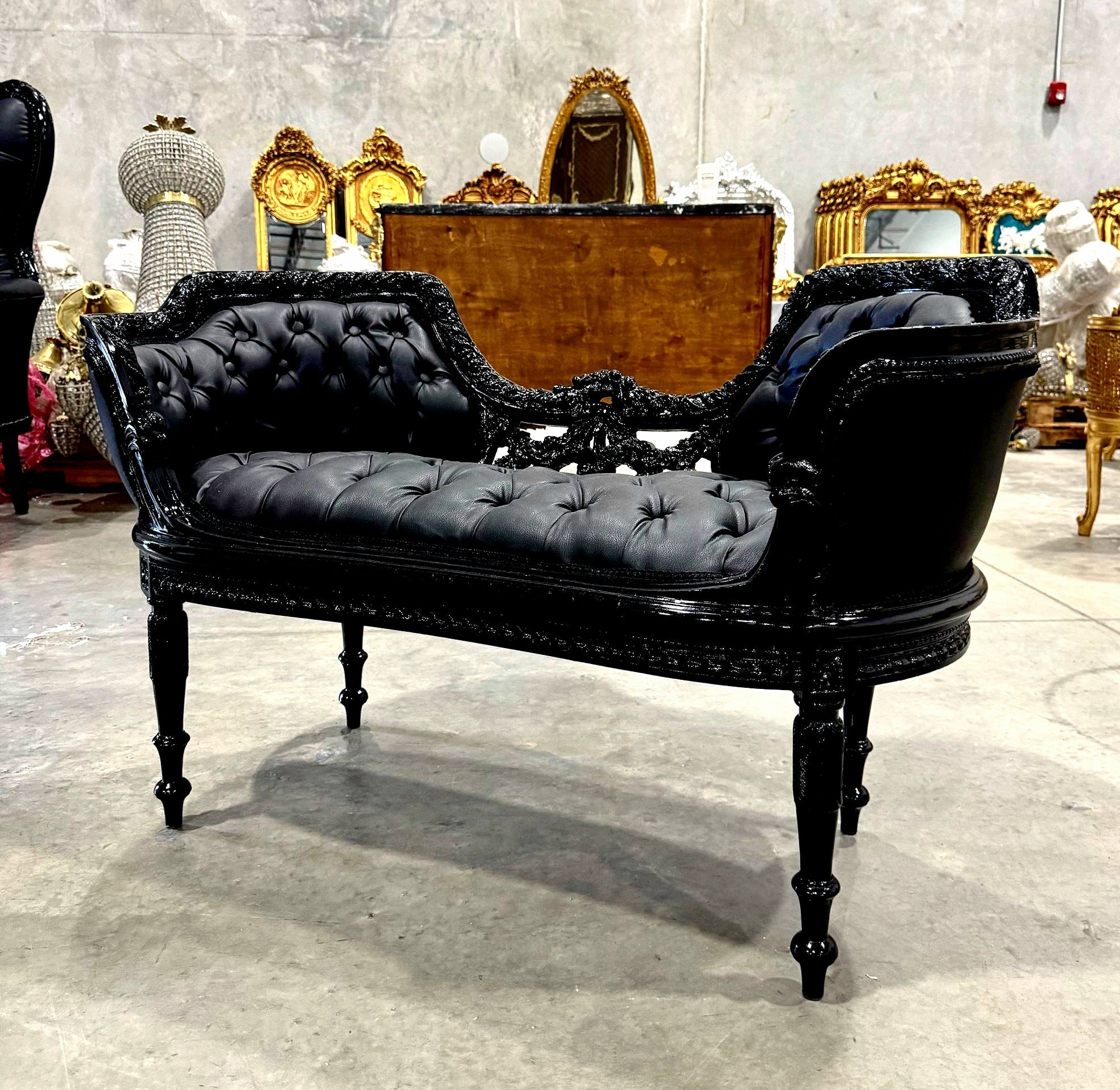Tufted Bench Black Leather French Style Black Details Rococo Baroque Furniture
