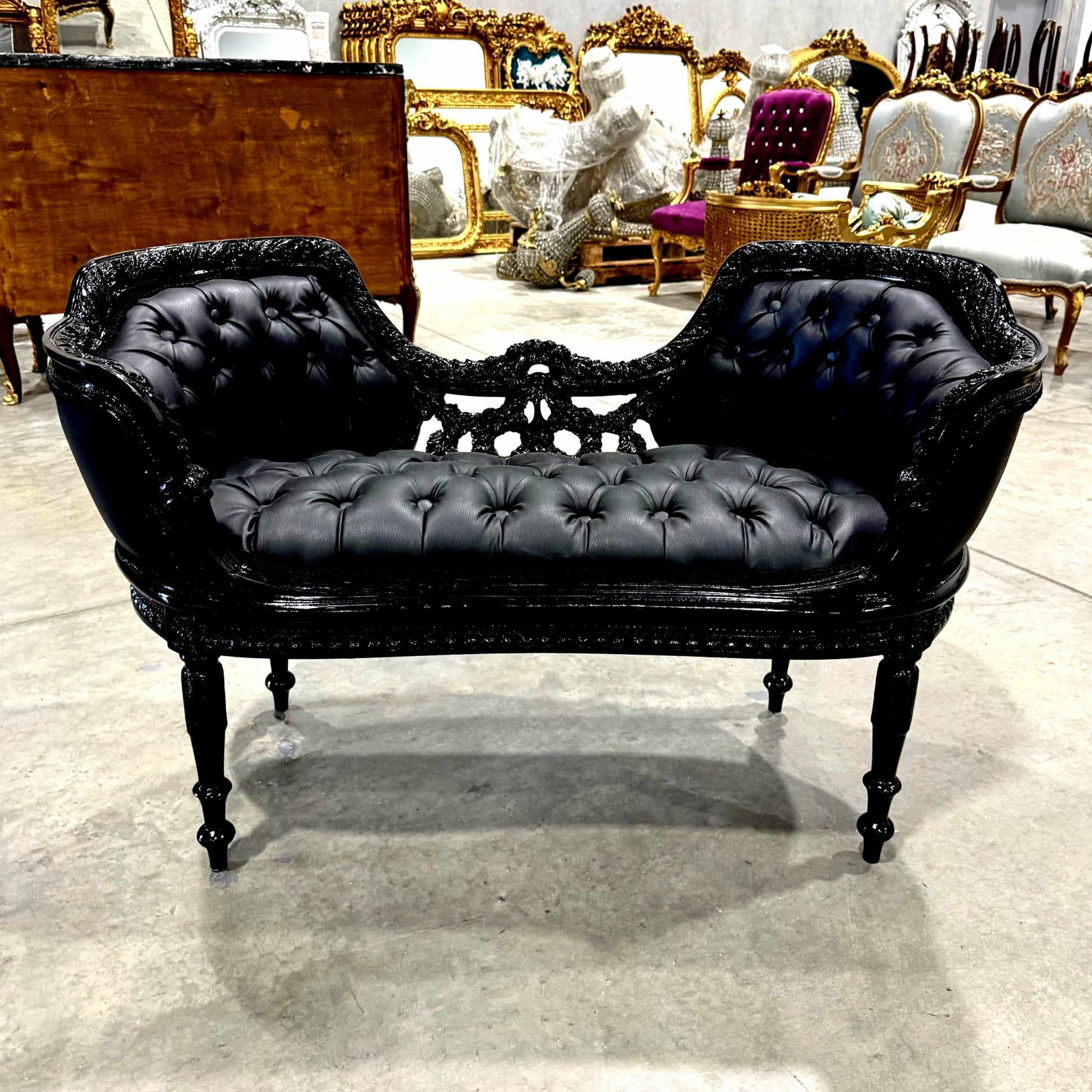 Tufted Bench Black Leather French Style Black Details Rococo Baroque Furniture