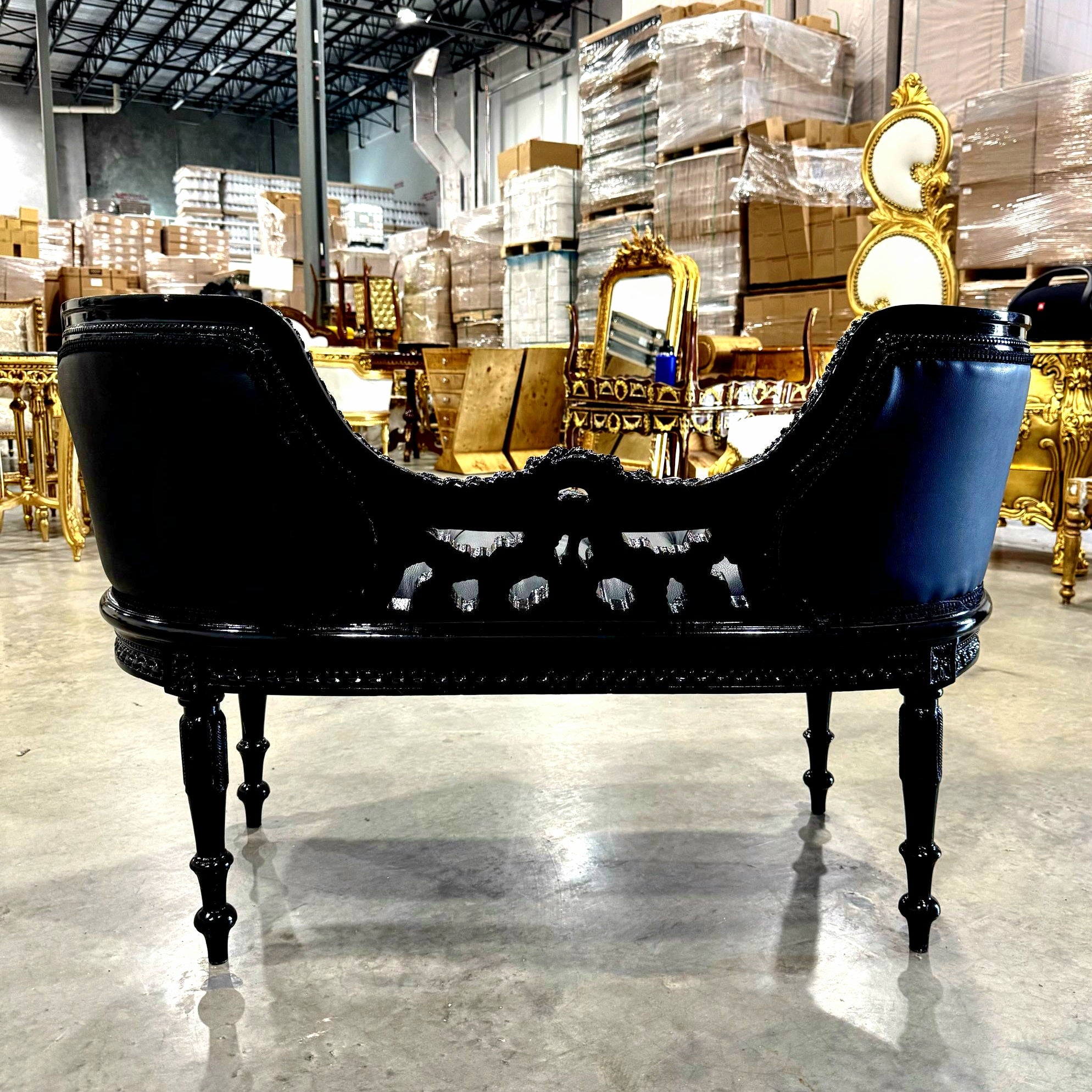 Tufted Bench Black Leather French Style Black Details Rococo Baroque Furniture
