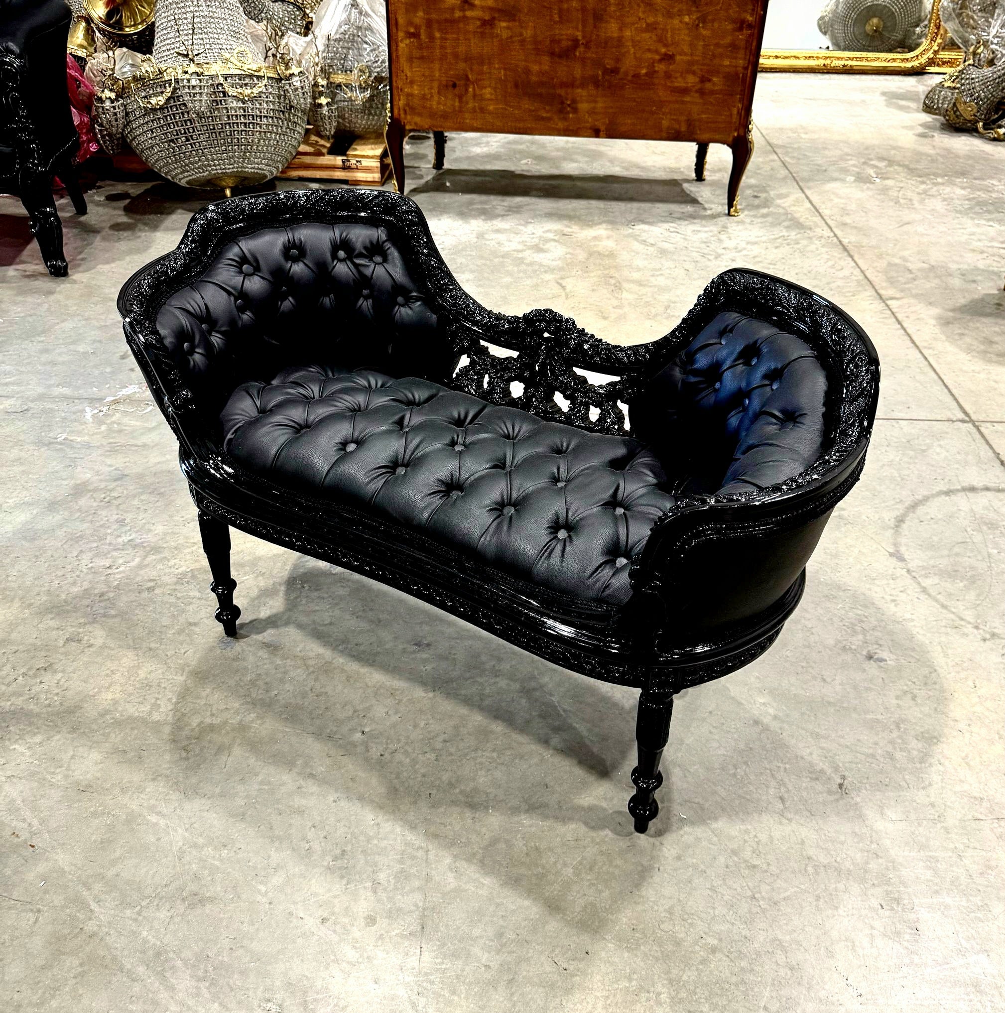 Tufted Bench Black Leather French Style Black Details Rococo Baroque Furniture