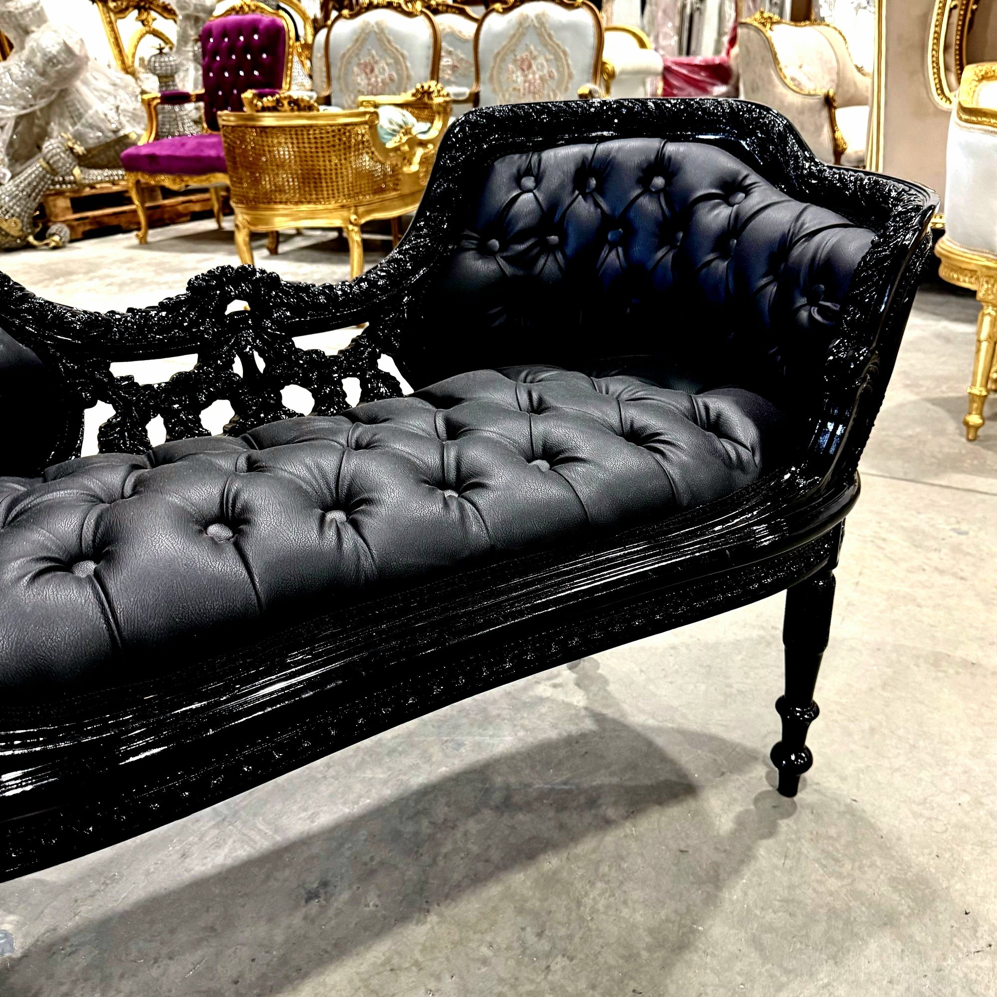 Tufted Bench Black Leather French Style Black Details Rococo Baroque Furniture