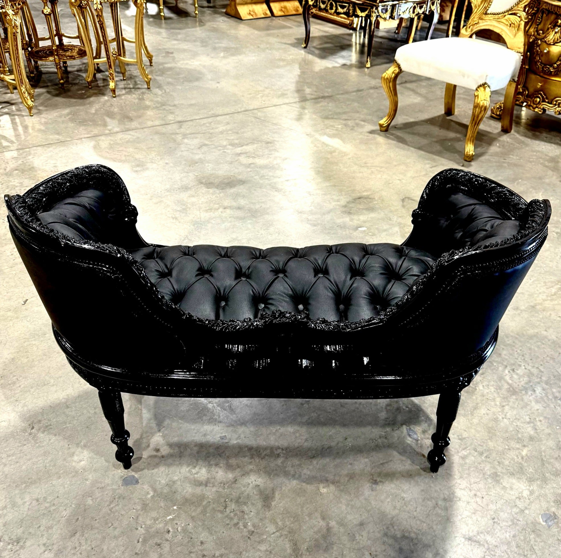 Tufted Bench Black Leather French Style Black Details Rococo Baroque Furniture