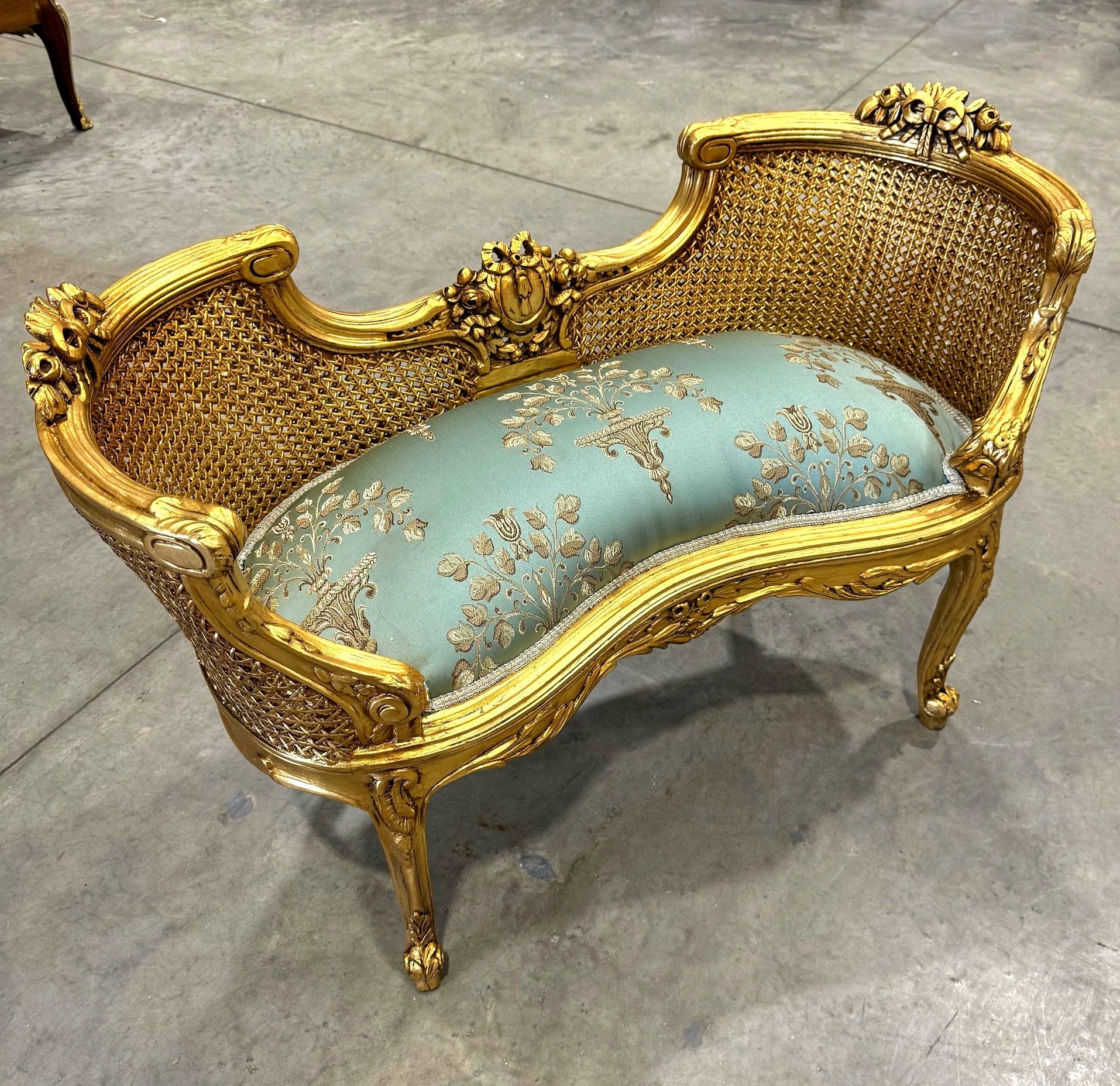 Bench Damask French Style Gold Leaf Details Rococo Baroque Furniture