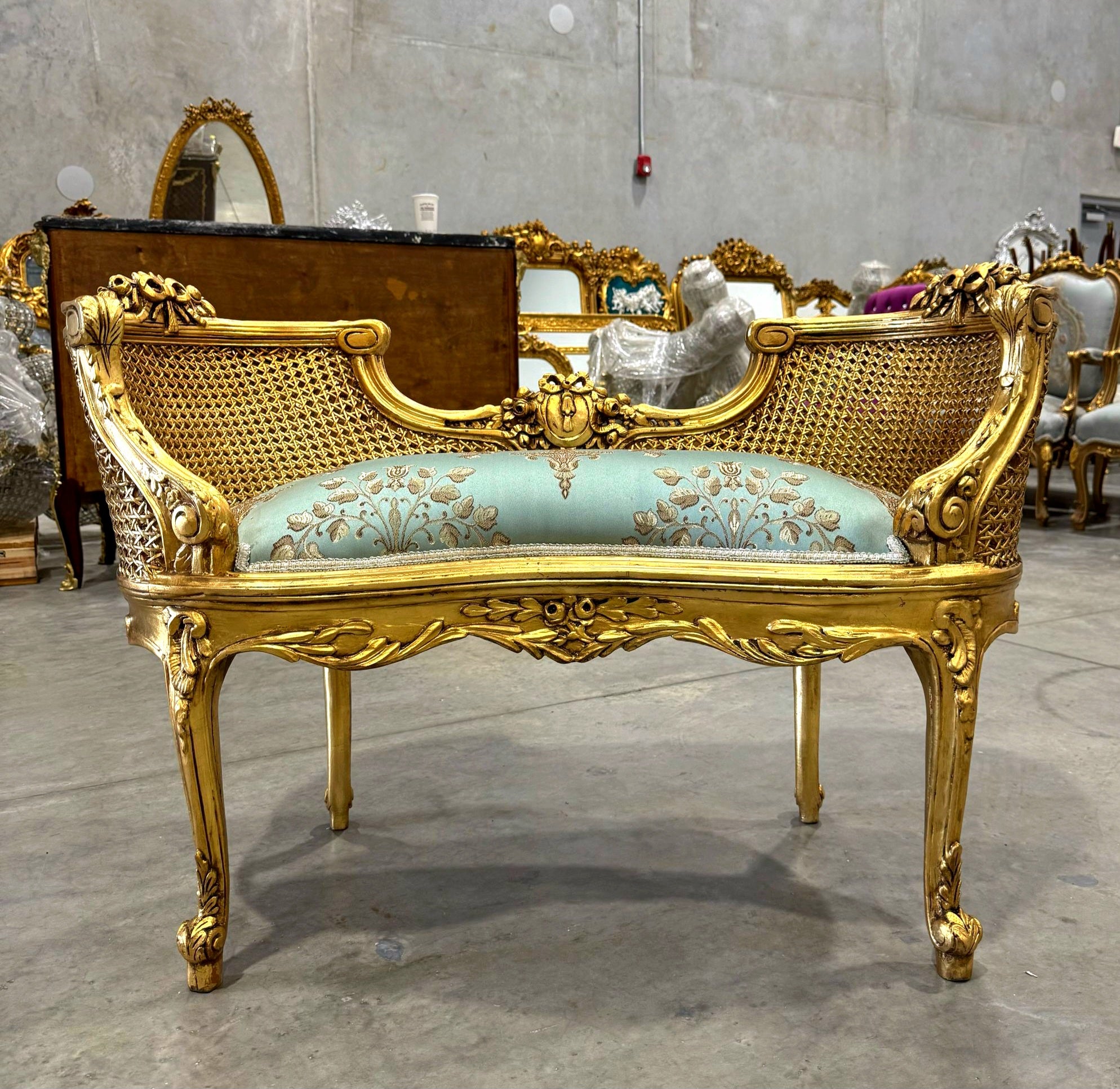 Bench Damask French Style Gold Leaf Details Rococo Baroque Furniture