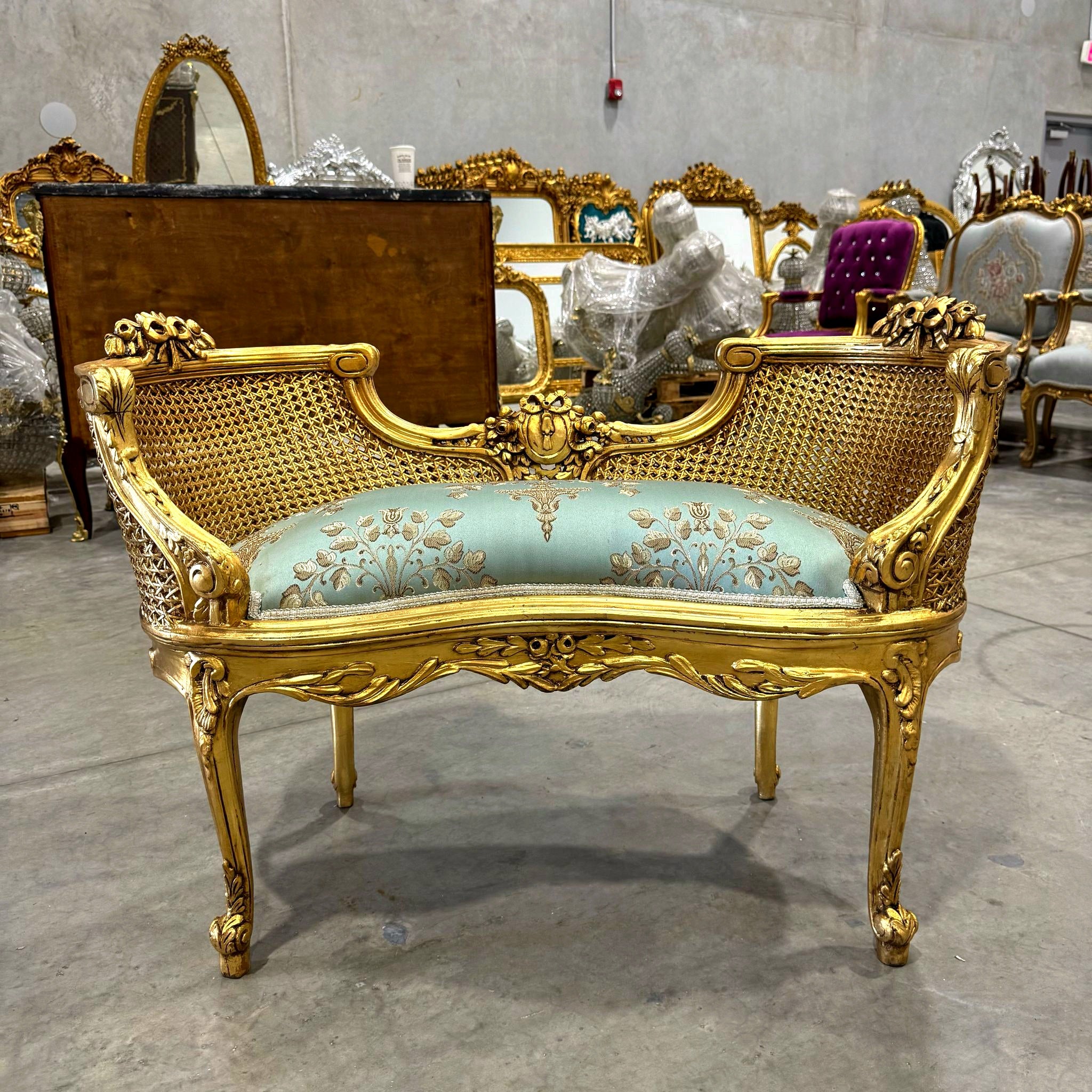 Bench Damask French Style Gold Leaf Details Rococo Baroque Furniture