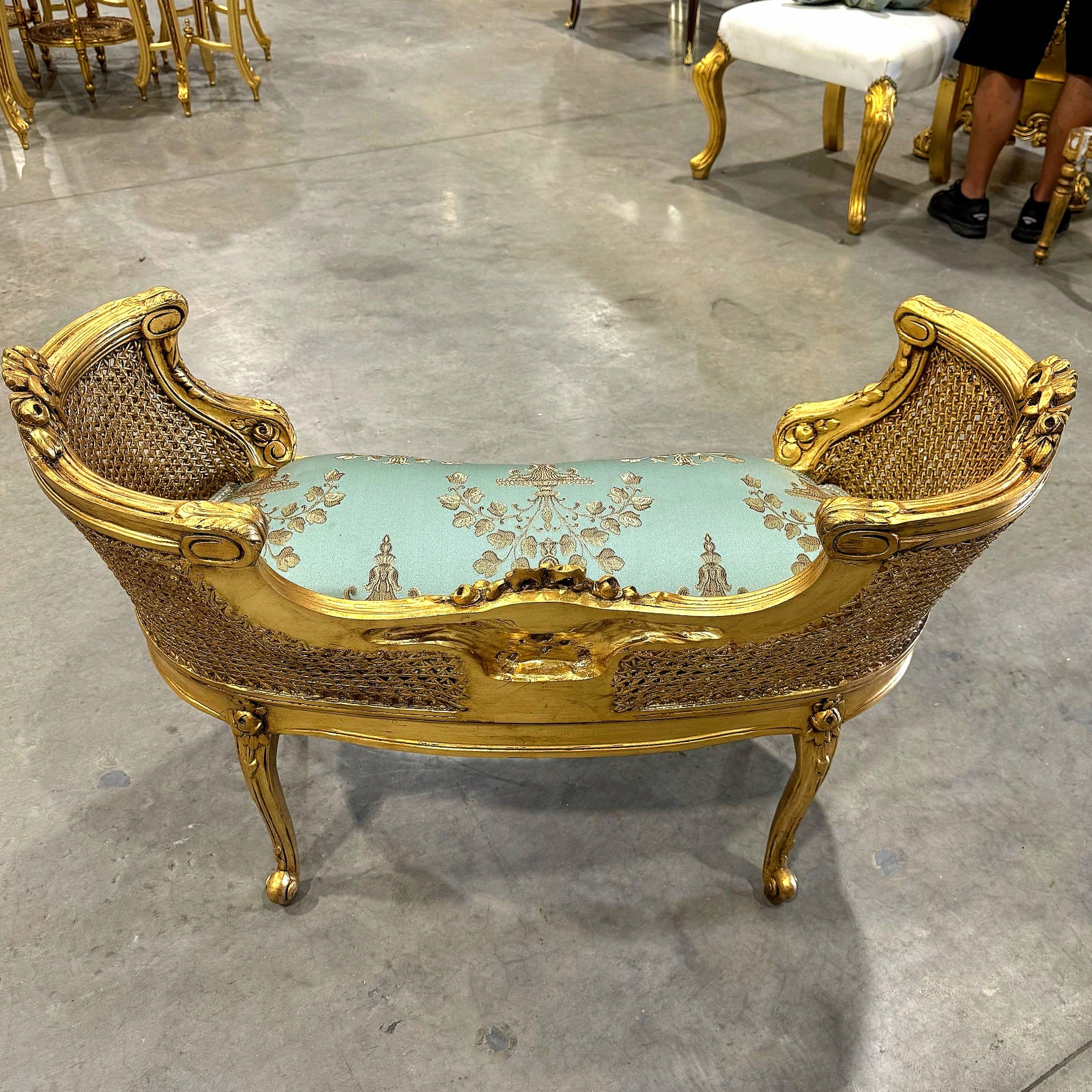 Bench Damask French Style Gold Leaf Details Rococo Baroque Furniture