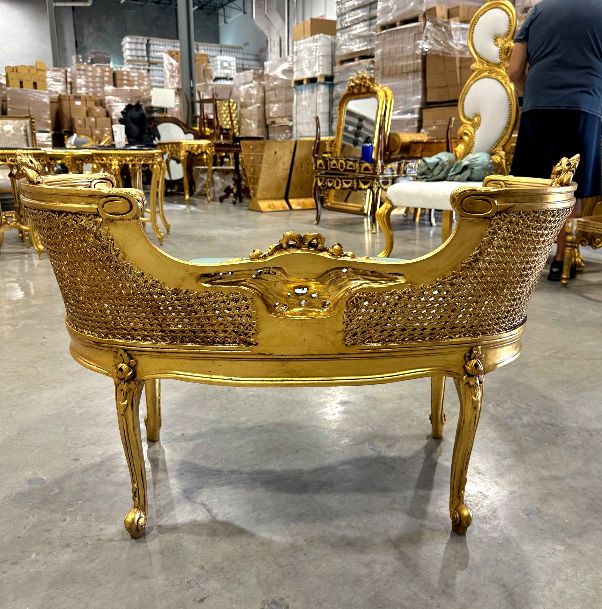 Bench Damask French Style Gold Leaf Details Rococo Baroque Furniture