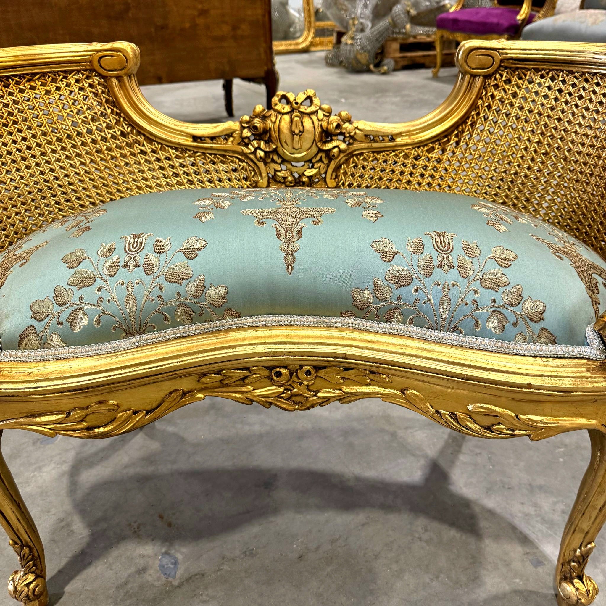 Bench Damask French Style Gold Leaf Details Rococo Baroque Furniture
