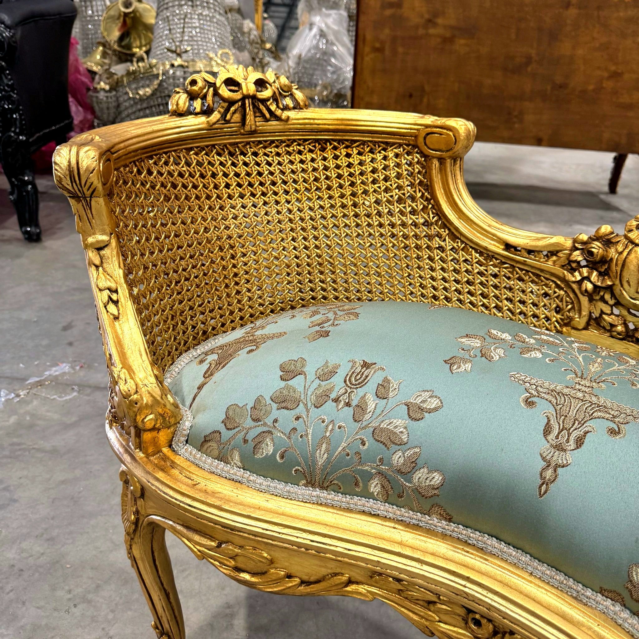 Bench Damask French Style Gold Leaf Details Rococo Baroque Furniture