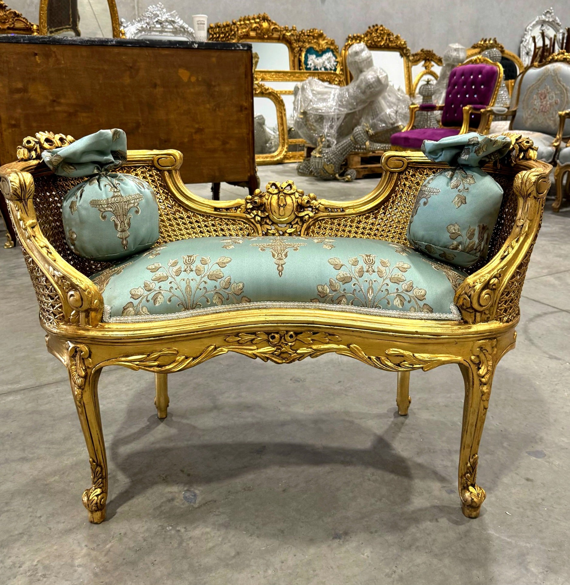 Bench Damask French Style Gold Leaf Details Rococo Baroque Furniture