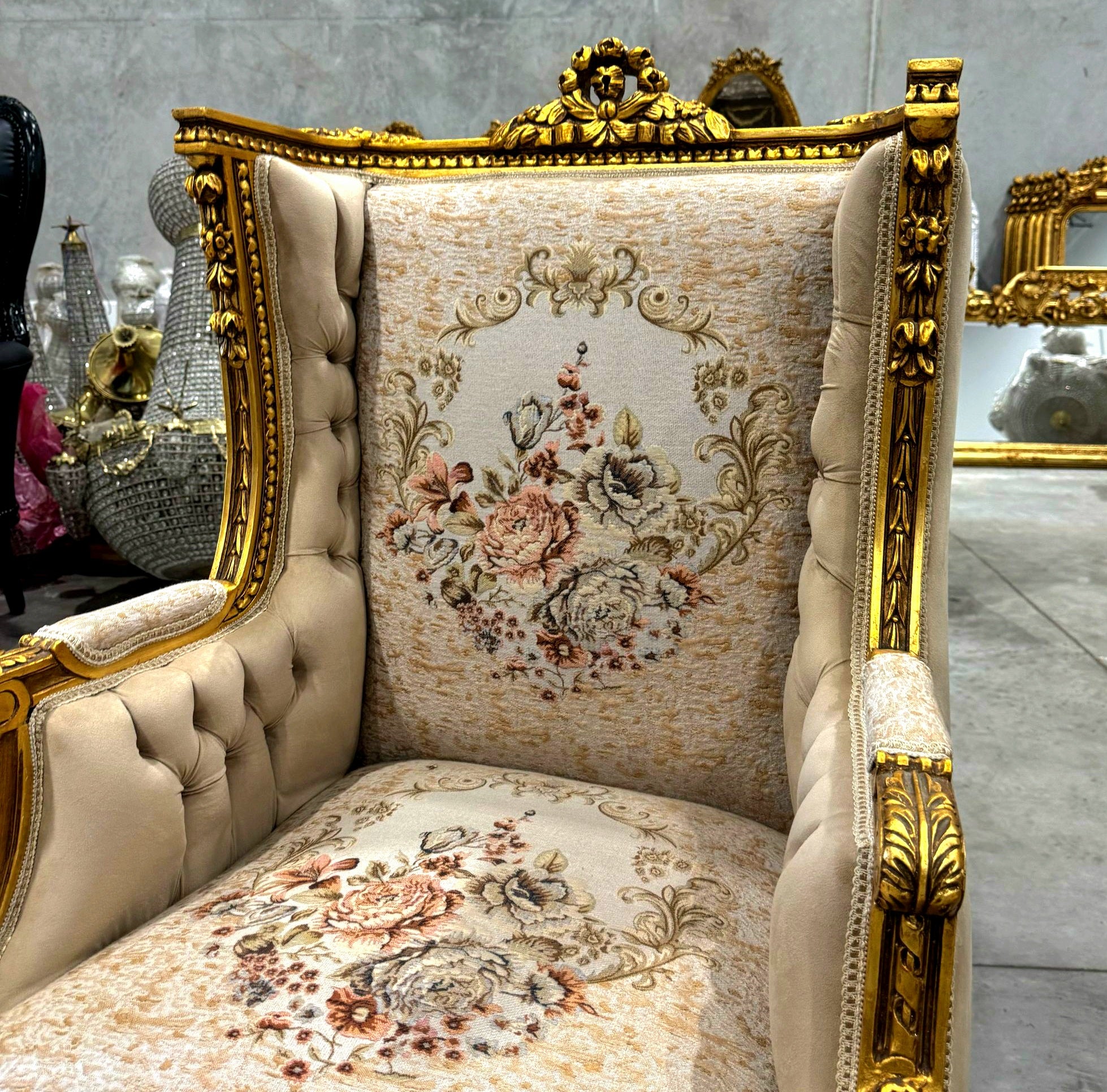 Neo-Classical Style Gold Beige Bergère Wing Chair – Gold Leaf Detailing