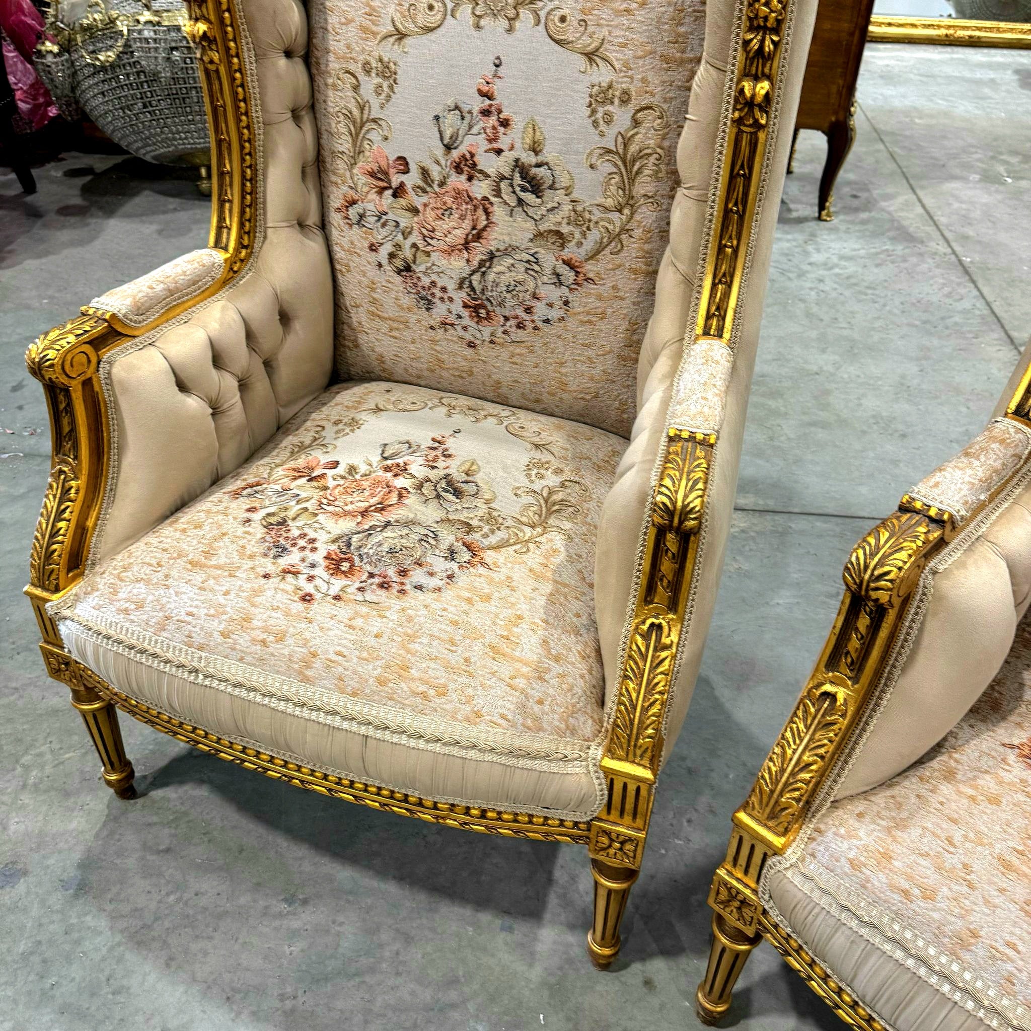 Neo-Classical Style Gold Beige Bergère Wing Chair – Gold Leaf Detailing