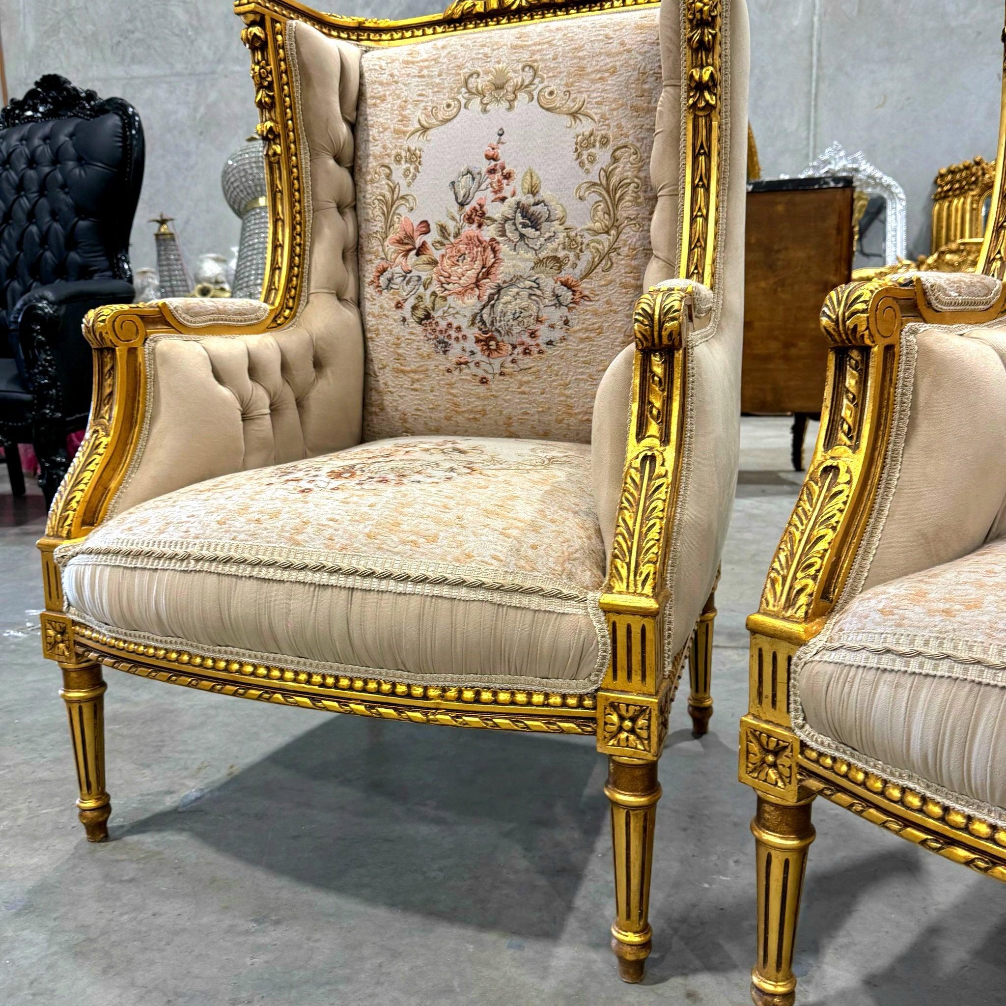 Neo-Classical Style Gold Beige Bergère Wing Chair – Gold Leaf Detailing