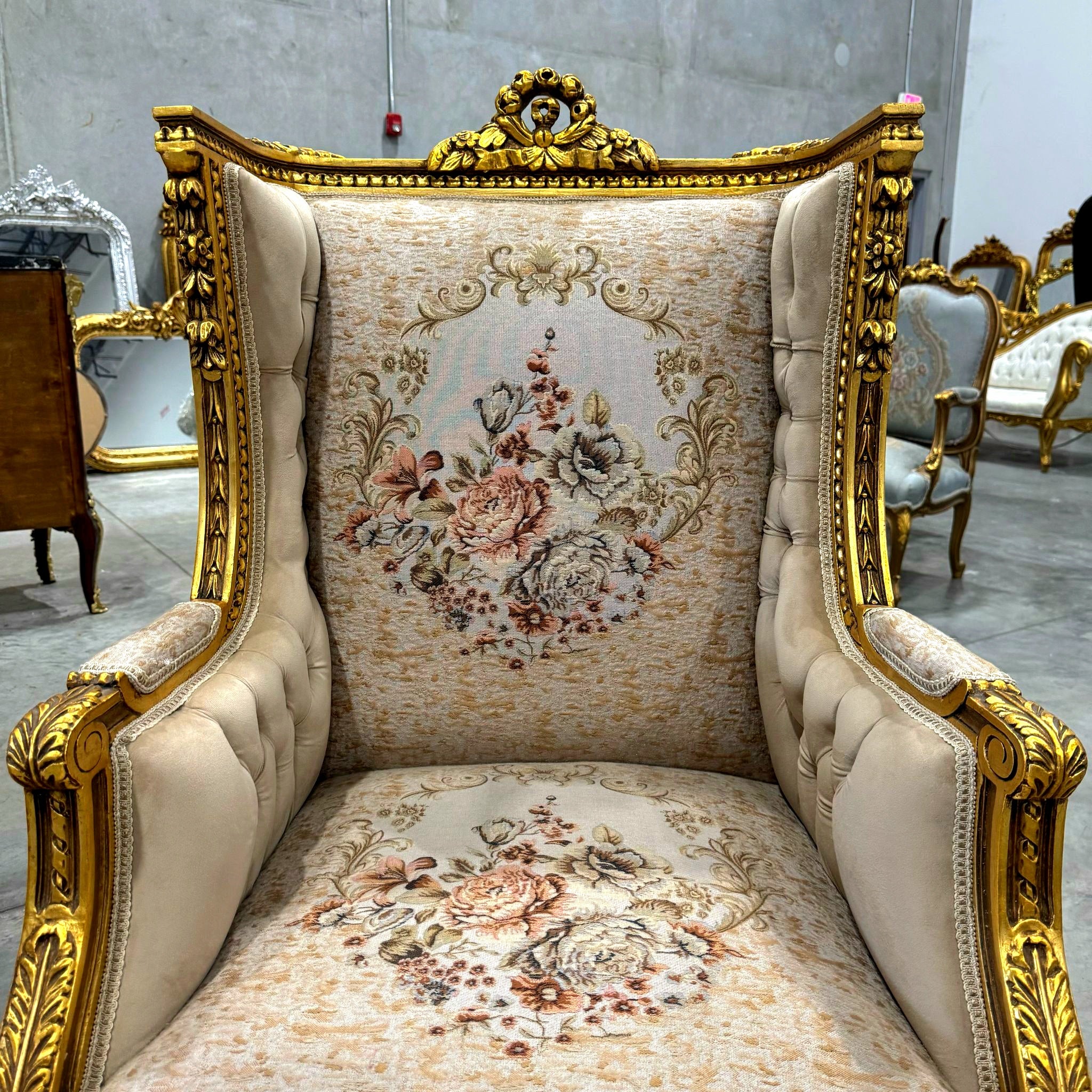 Neo-Classical Style Gold Beige Bergère Wing Chair – Gold Leaf Detailing