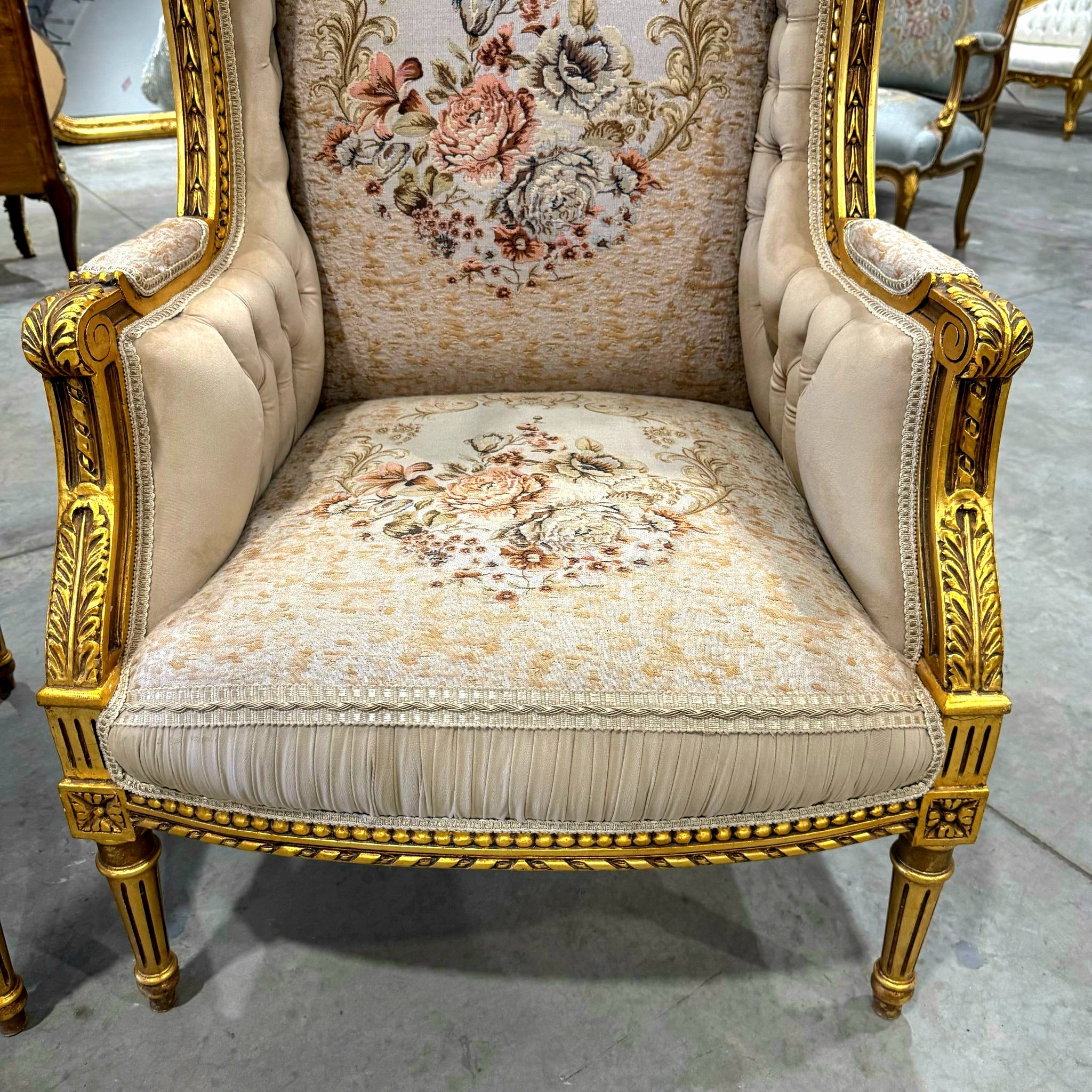 Neo-Classical Style Gold Beige Bergère Wing Chair – Gold Leaf Detailing