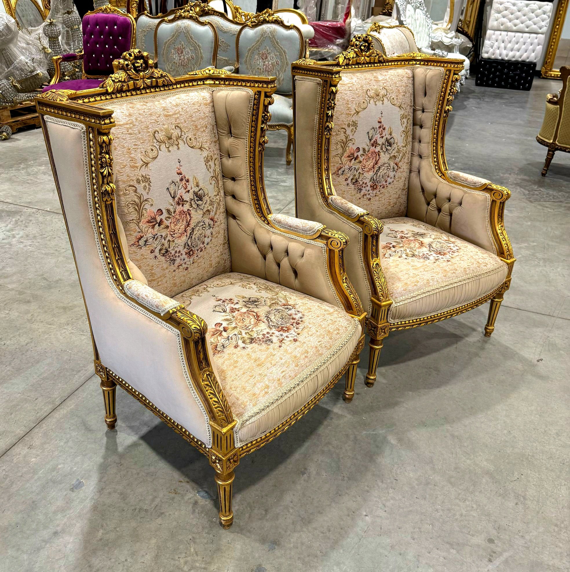 Neo-Classical Style Gold Beige Bergere Wing Chair with Gold Details