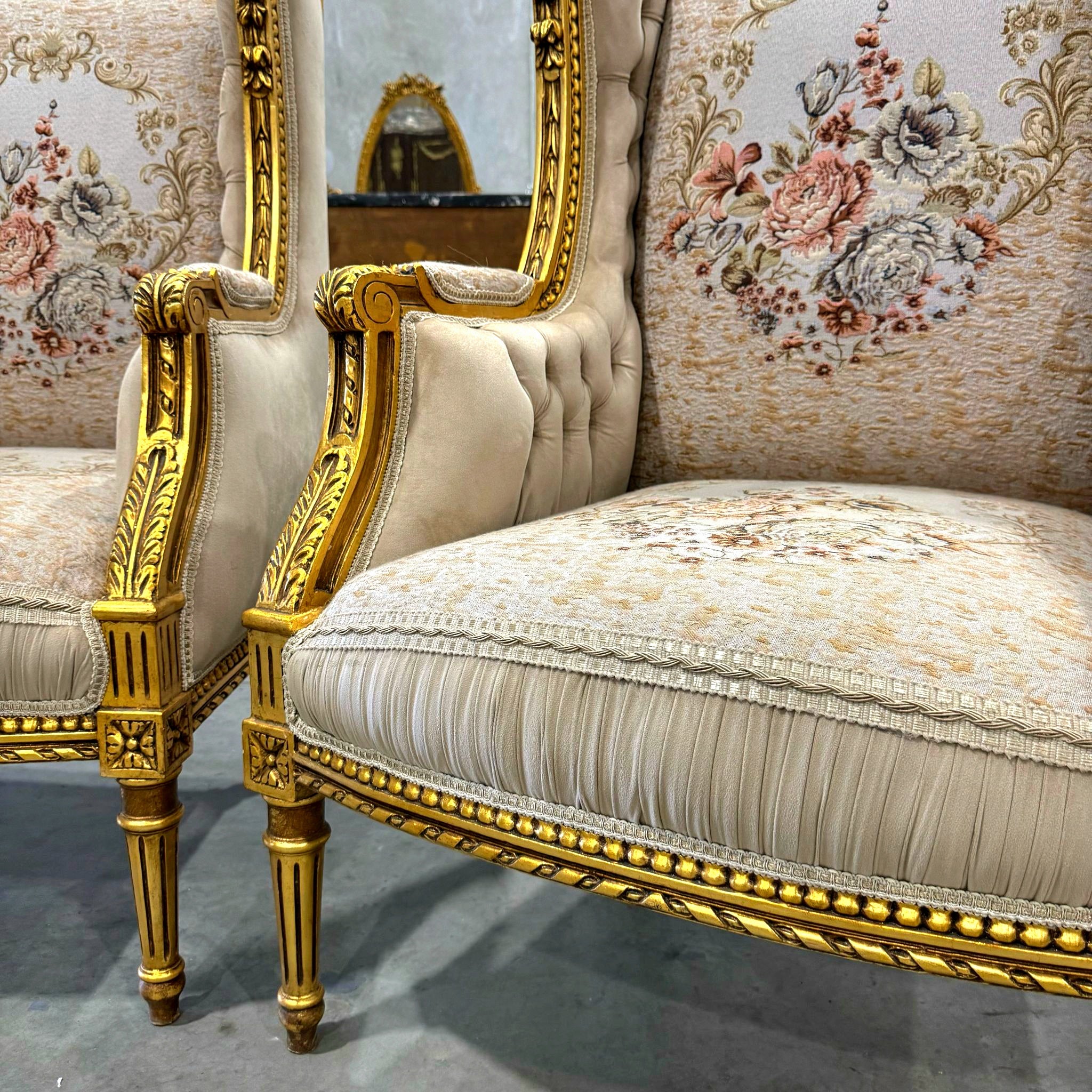 Neo-Classical Style Gold Beige Bergere Wing Chair with Gold Details