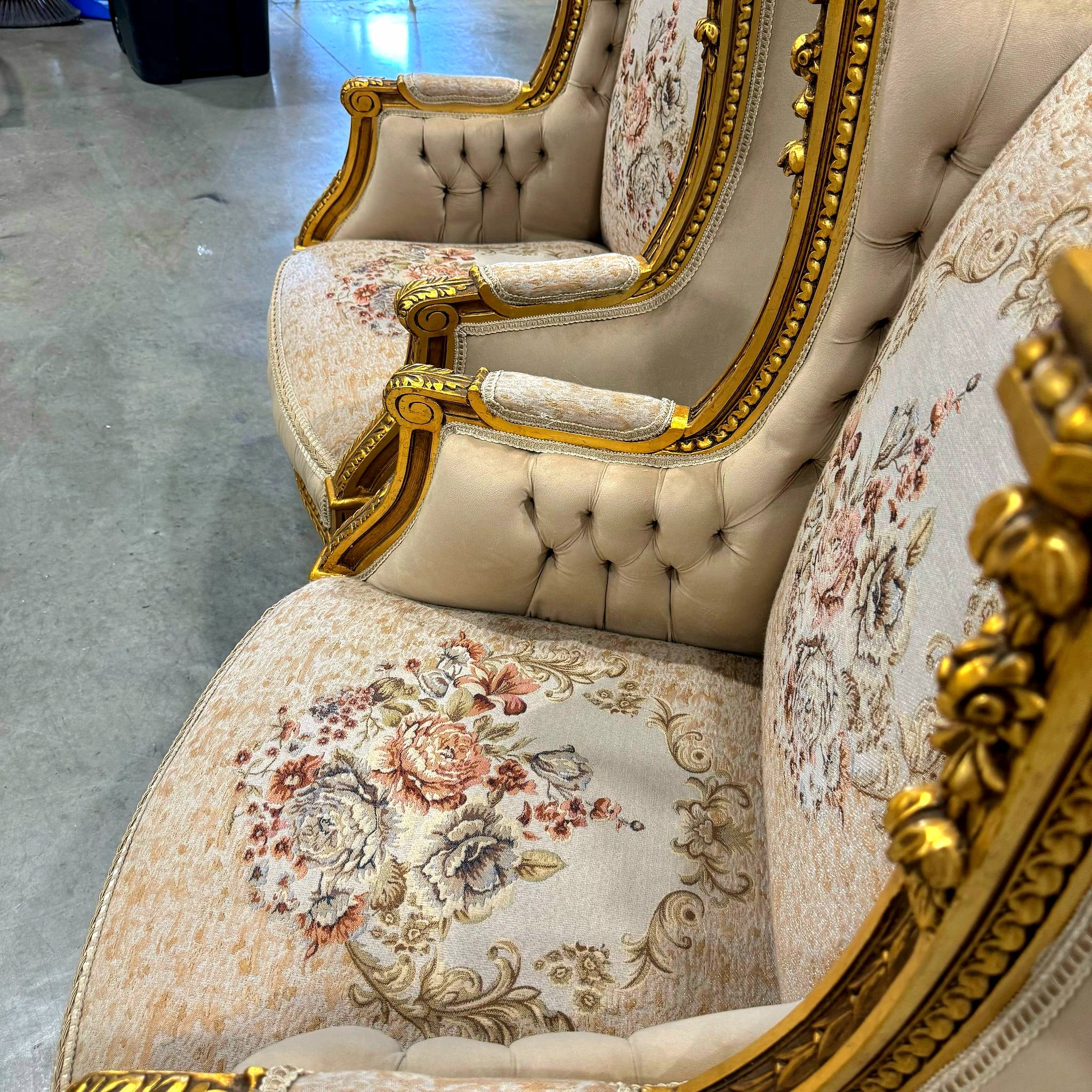 Neo-Classical Style Gold Beige Bergere Wing Chair with Gold Details