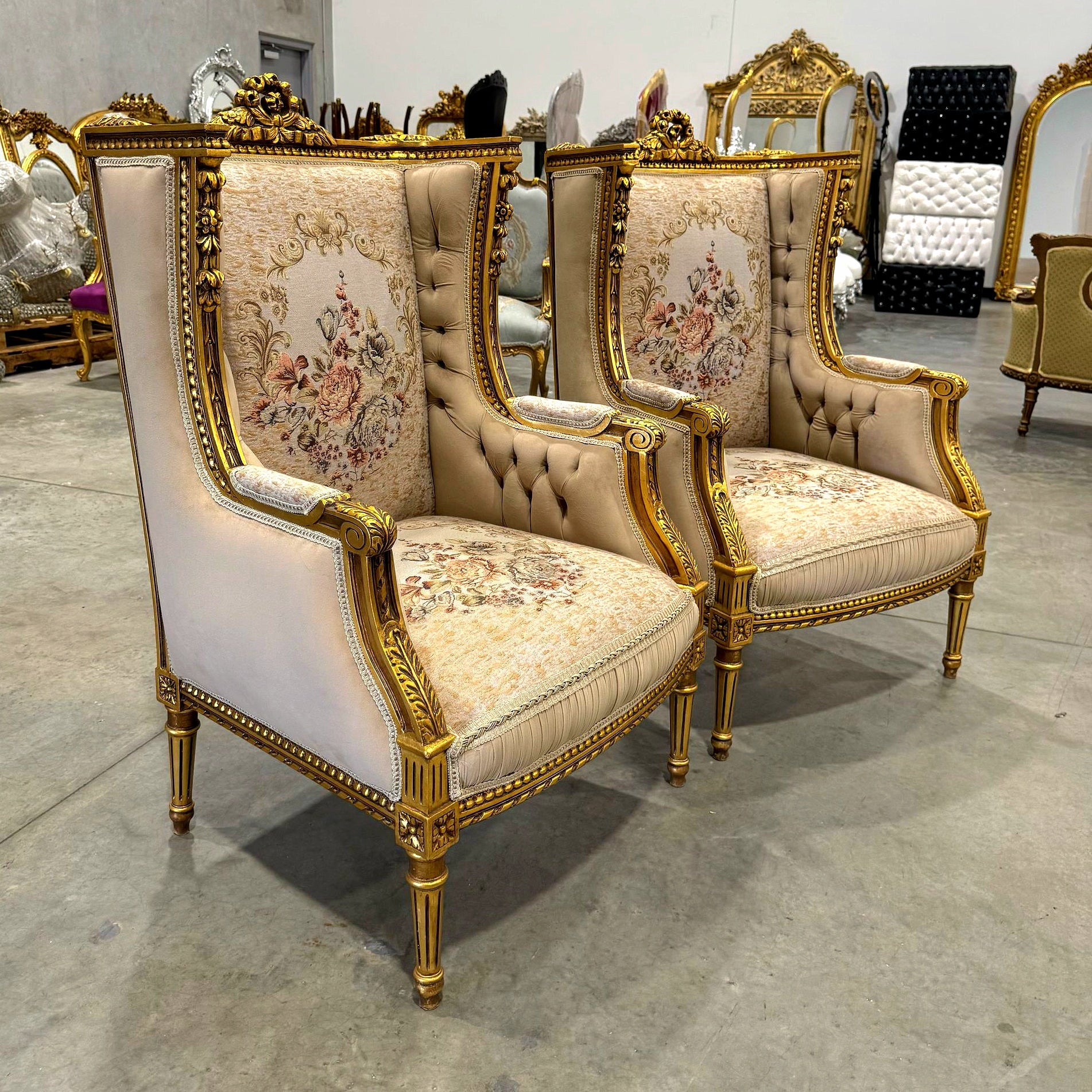 Neo-Classical Style Gold Beige Bergere Wing Chair with Gold Details