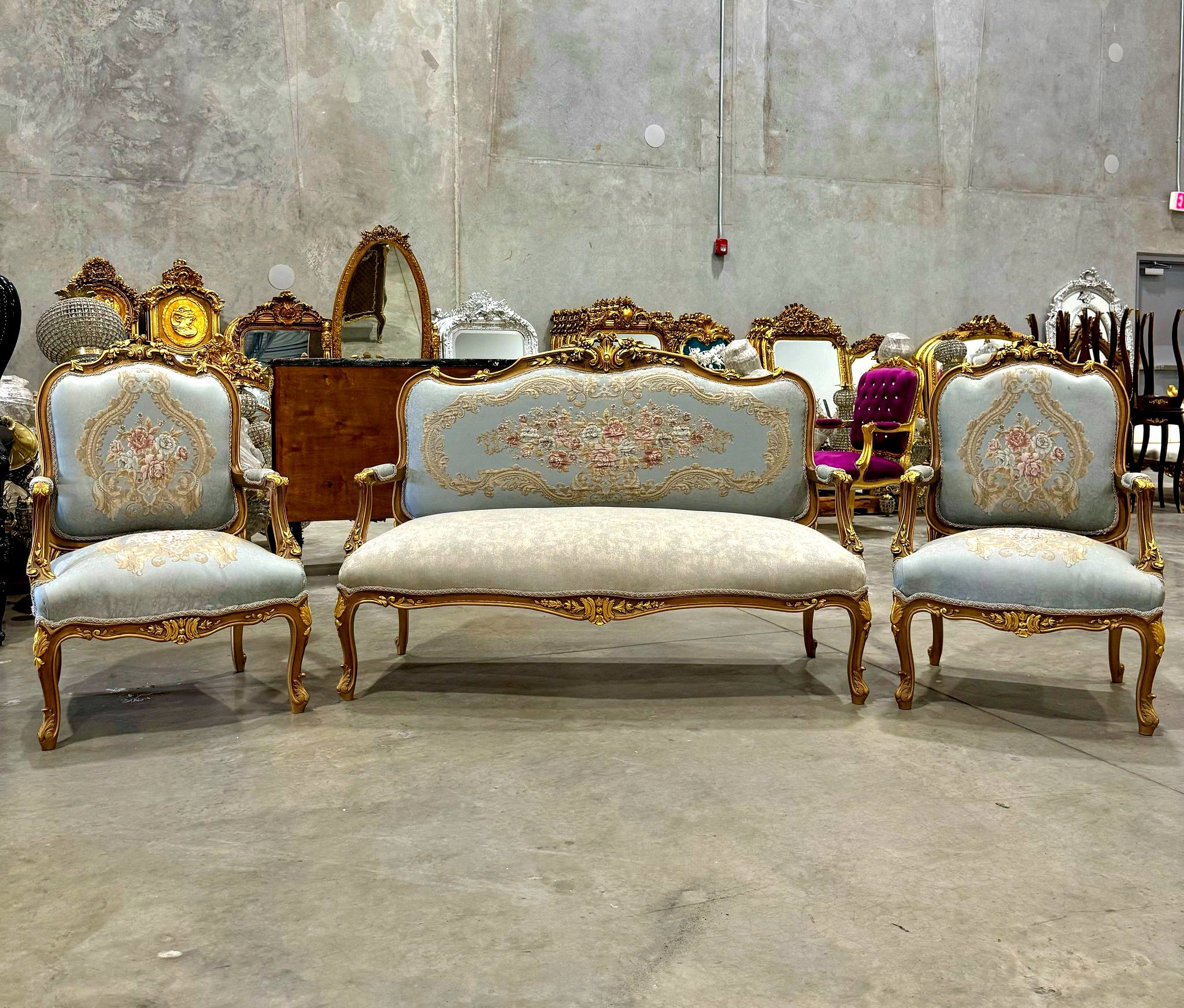 Living Room SET Baroque Style Sky Blue Fabric *Sofa and 2 Chairs*