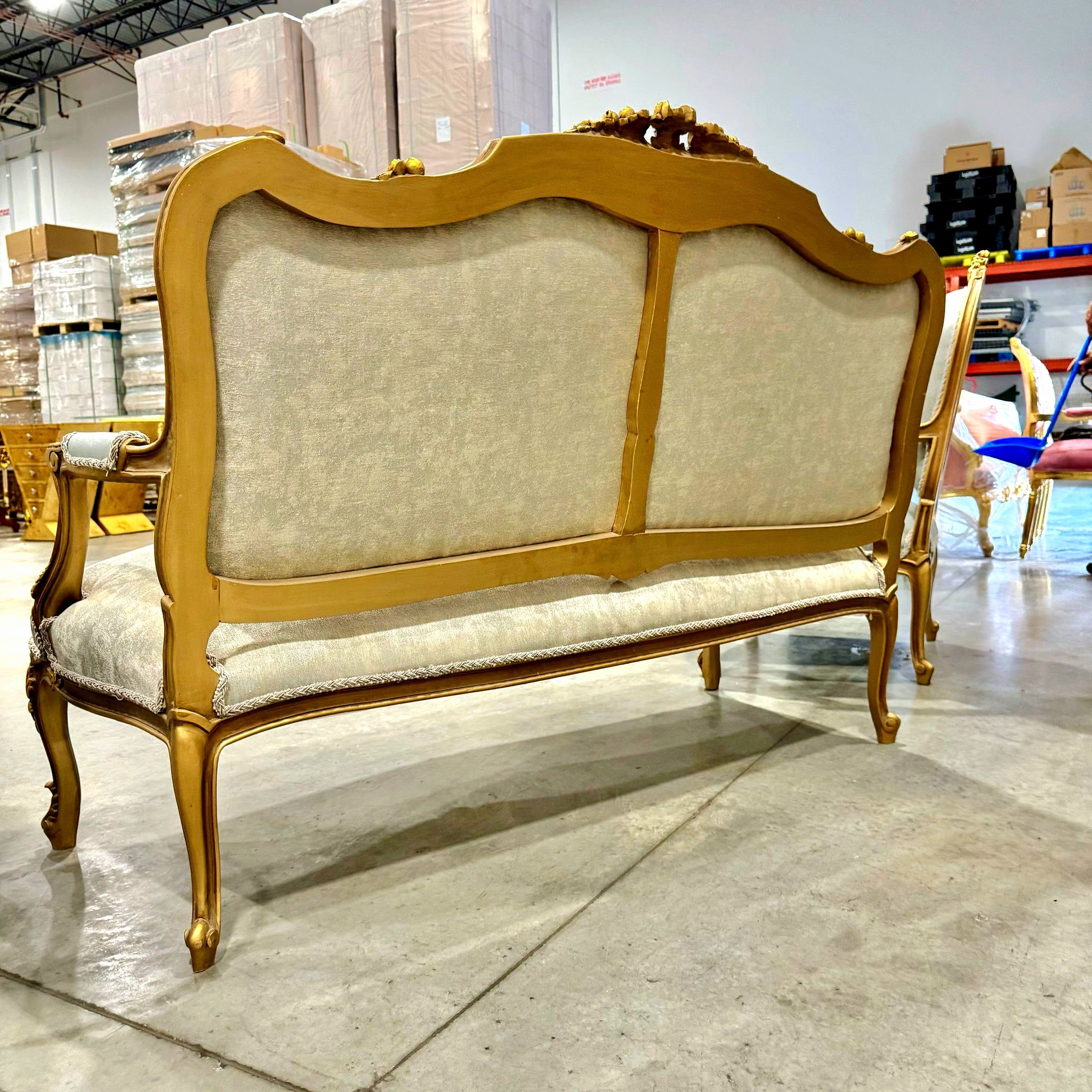 French Style Sofa Settee Sky Blue Color and Gold Leaf Details Sofa Furniture