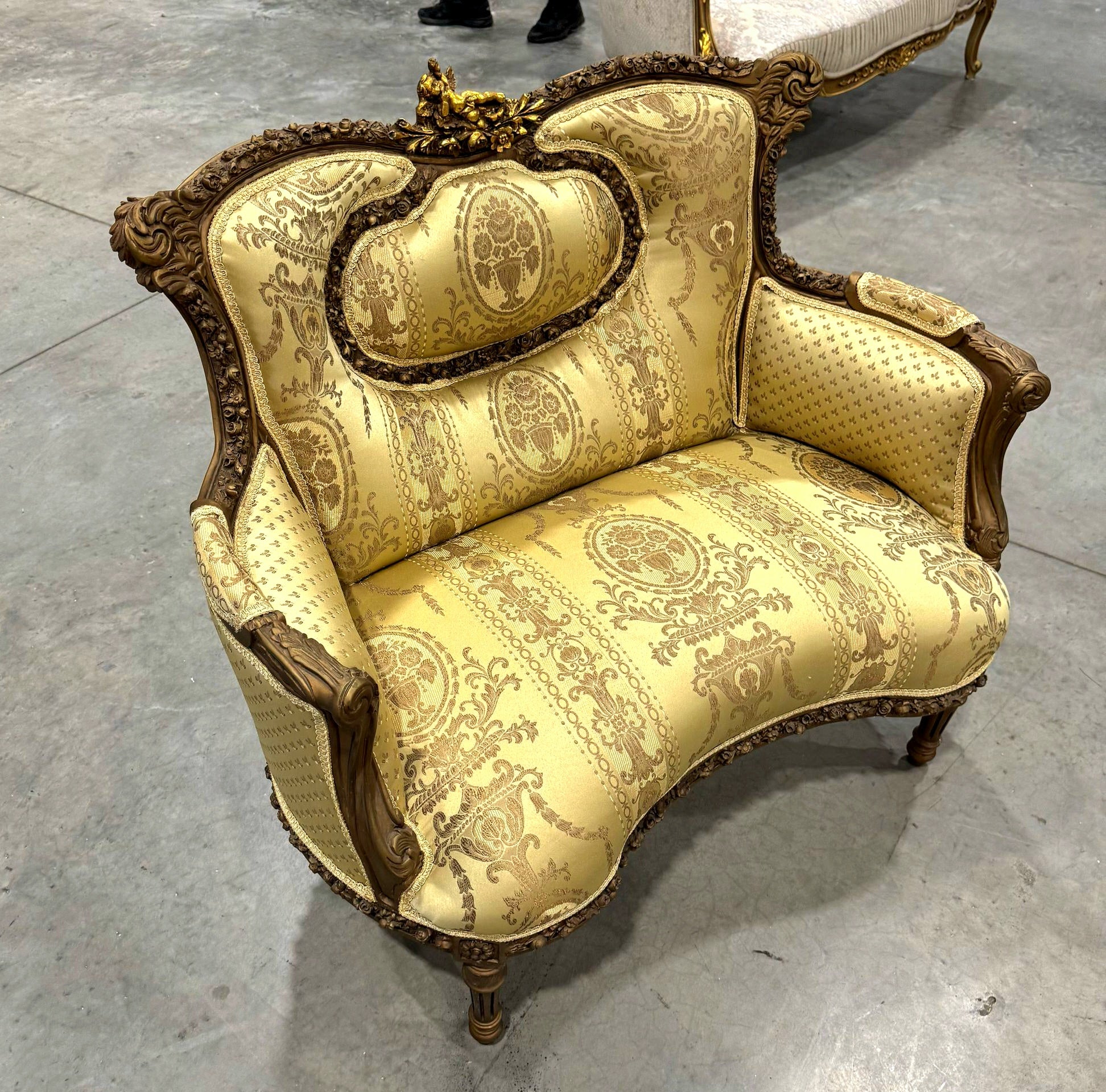 Gold Wing Chair Italian Style with Copper Details Damask Fabric