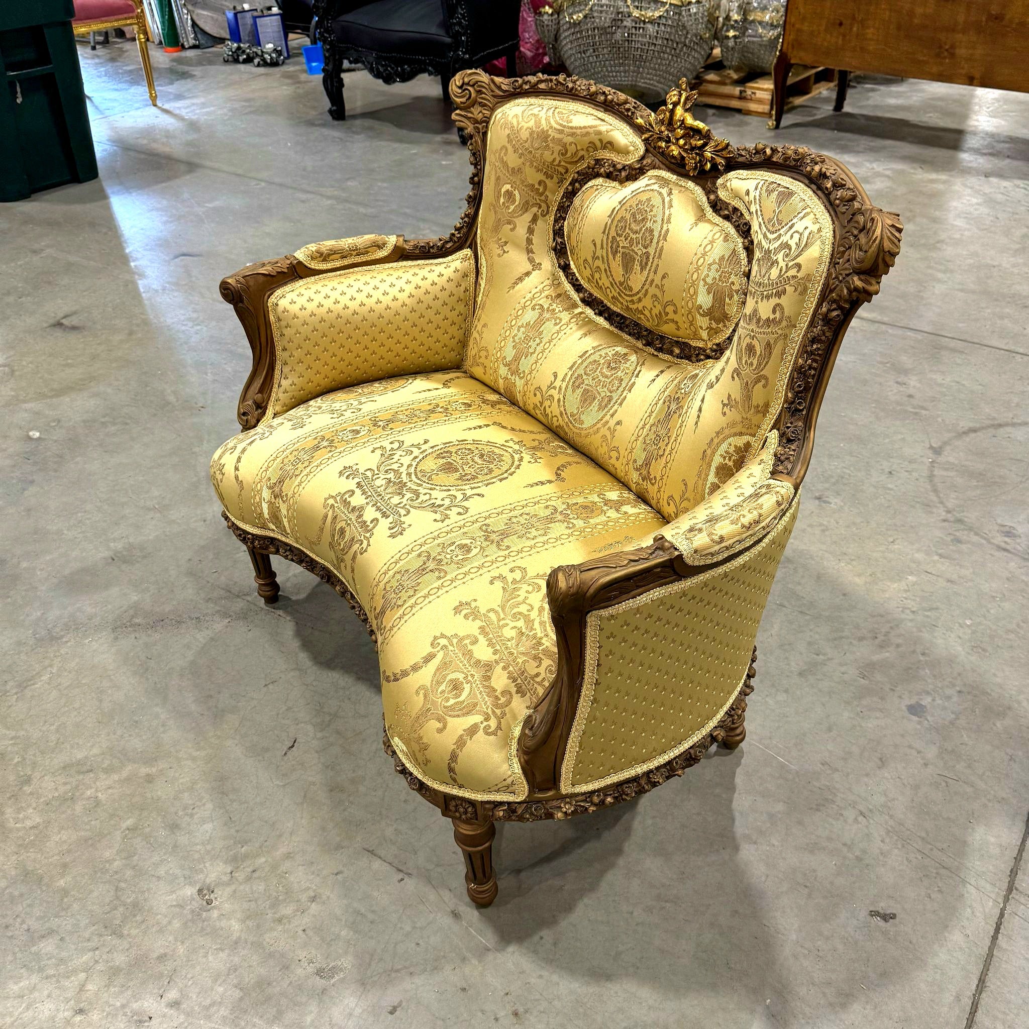 Gold Wing Chair Italian Style with Copper Details Damask Fabric
