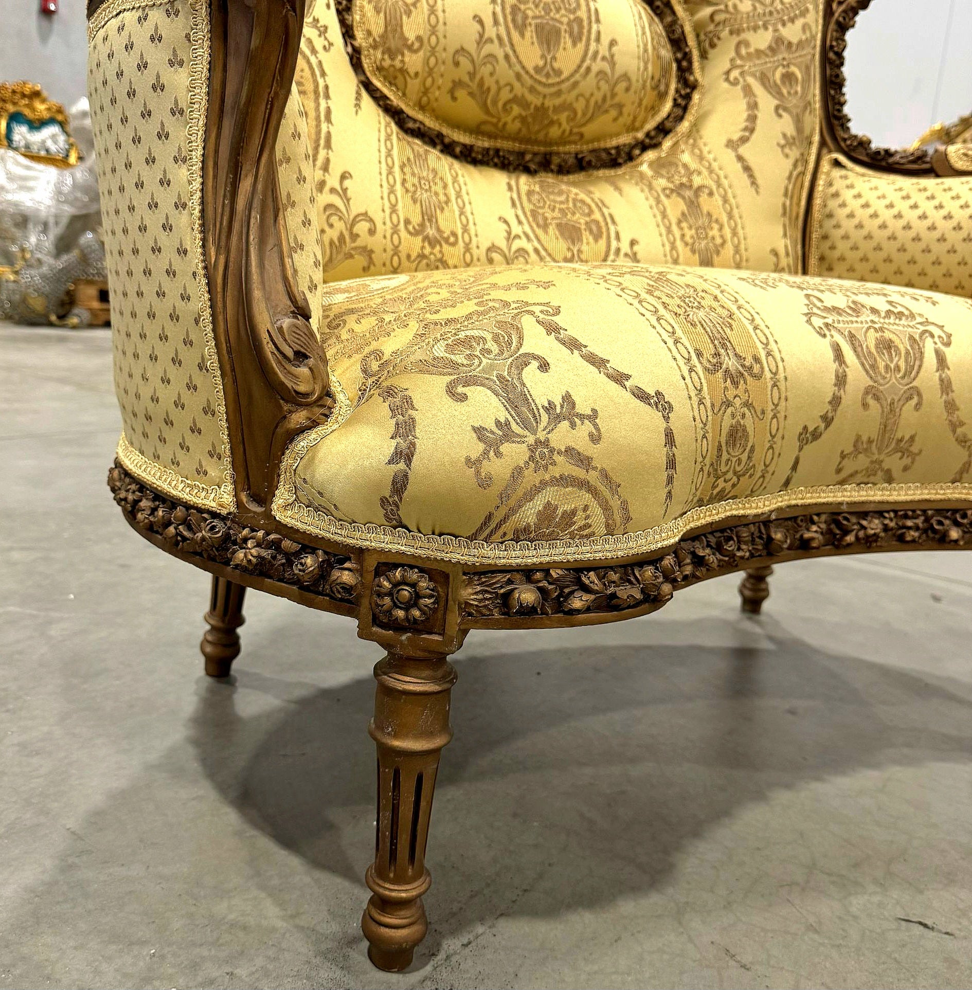 Gold Wing Chair Italian Style with Copper Details Damask Fabric