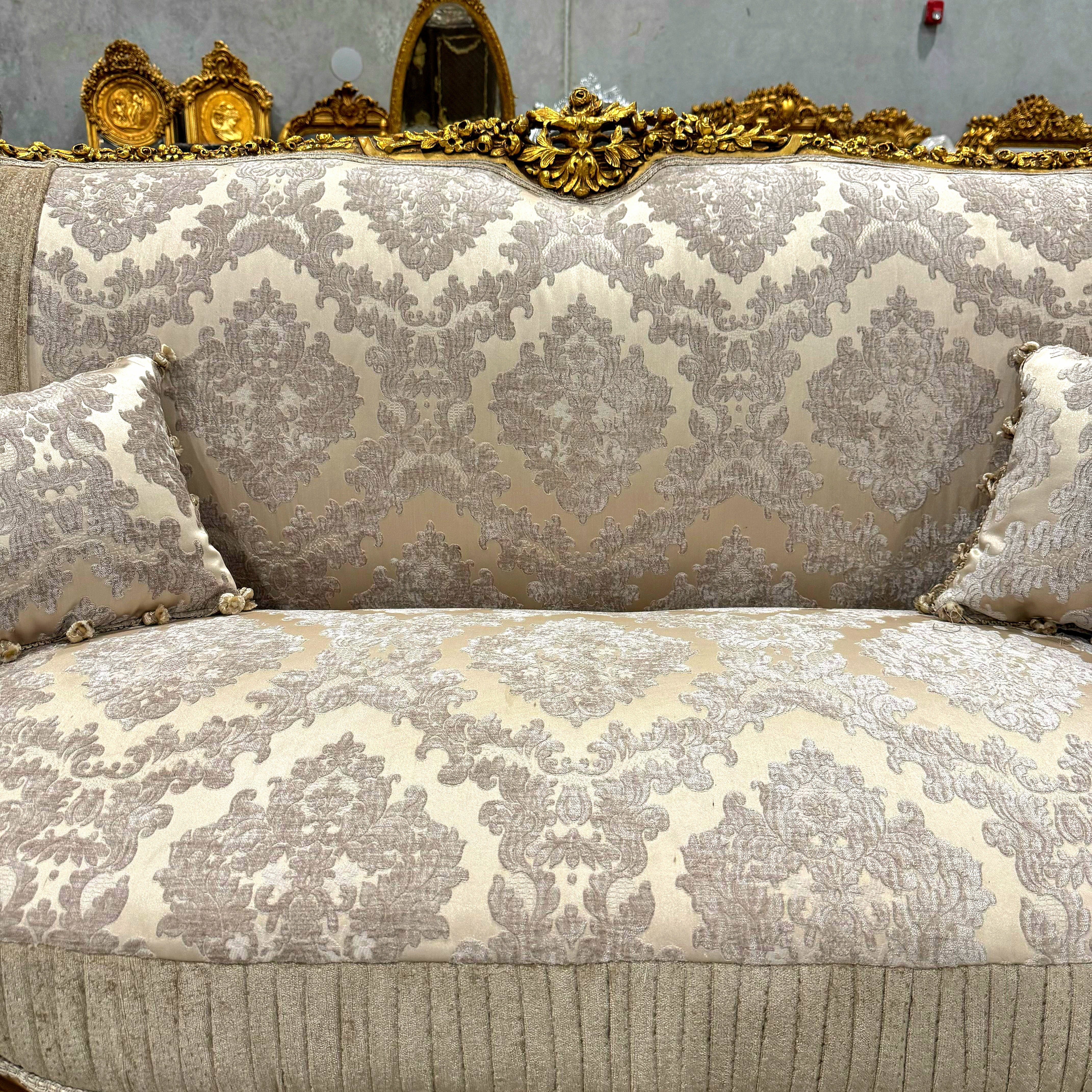 Baroque Style Beige White Sofa – French Design with Gold Leaf Details