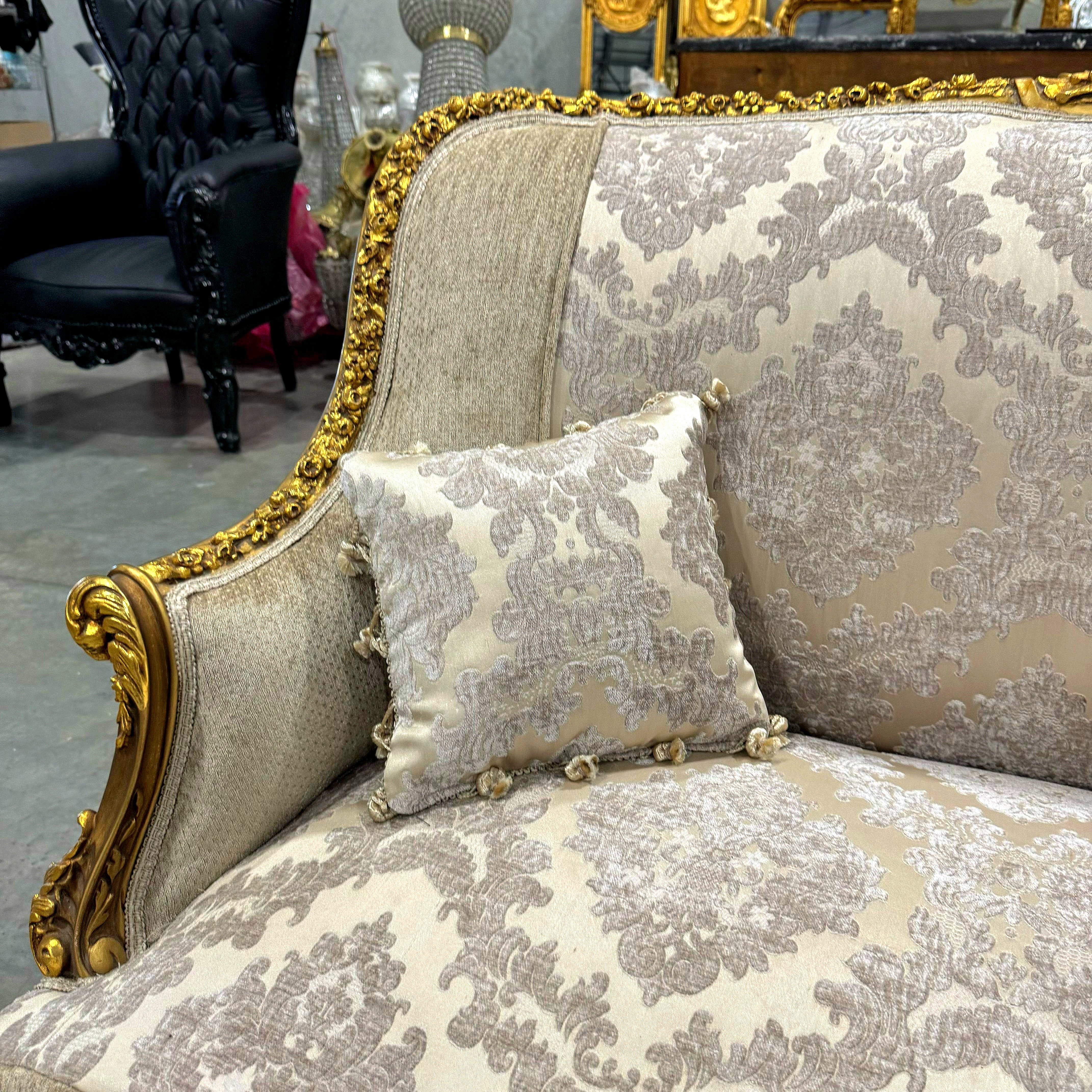 Baroque Style Beige White Sofa – French Design with Gold Leaf Details