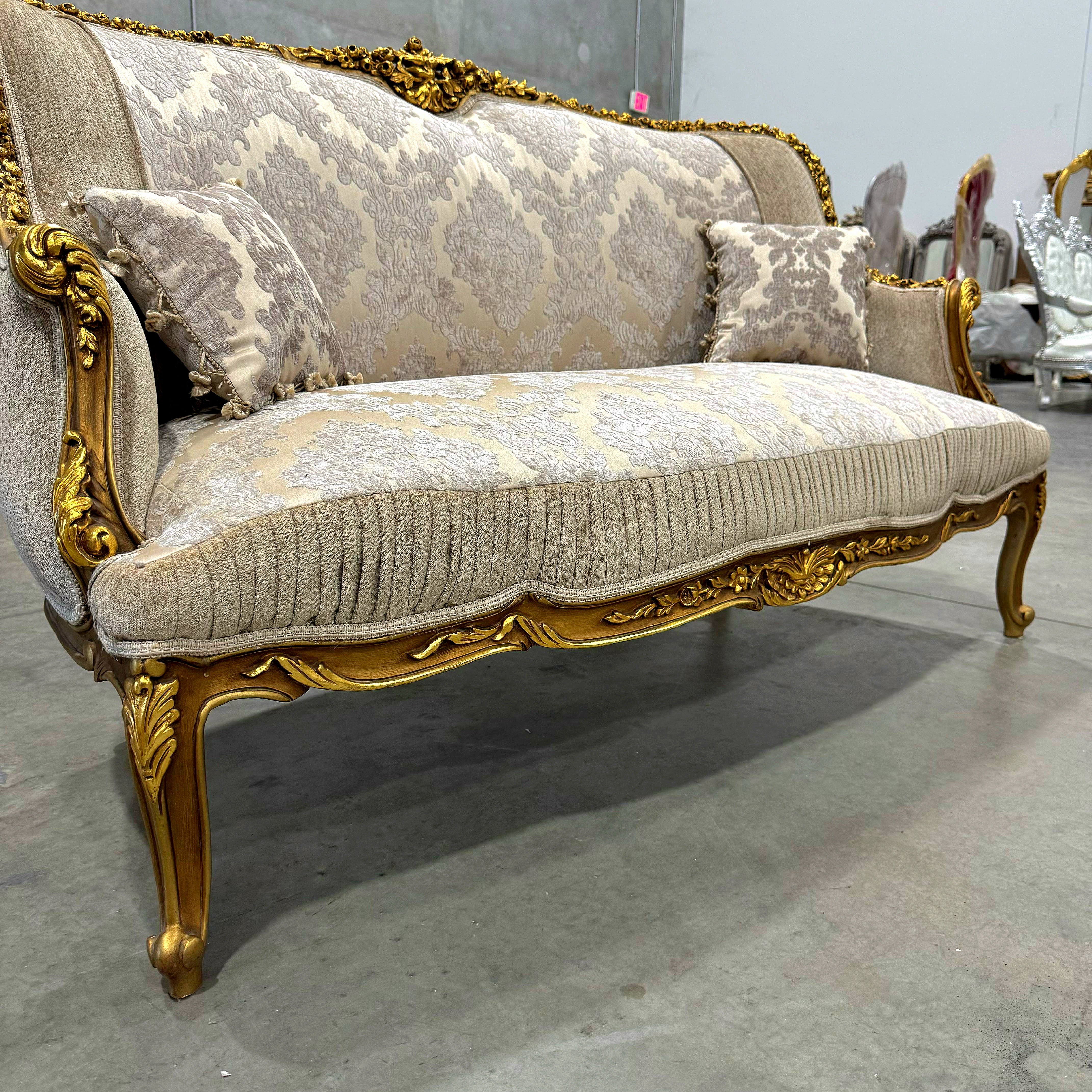 Baroque Style Beige White Sofa – French Design with Gold Leaf Details