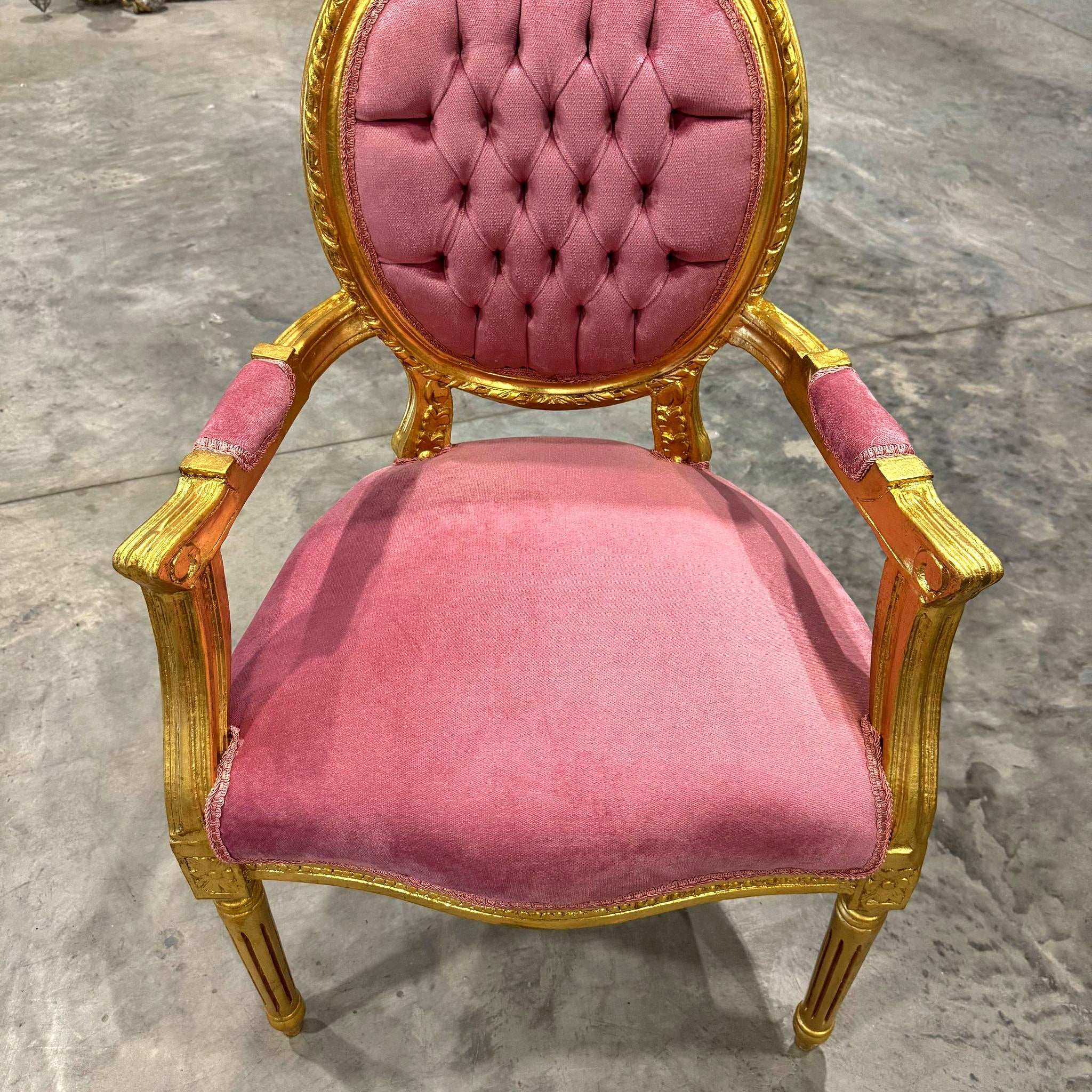 French Style Tufted Pink Velvet Chair with Gold Leaf Details Rococo
