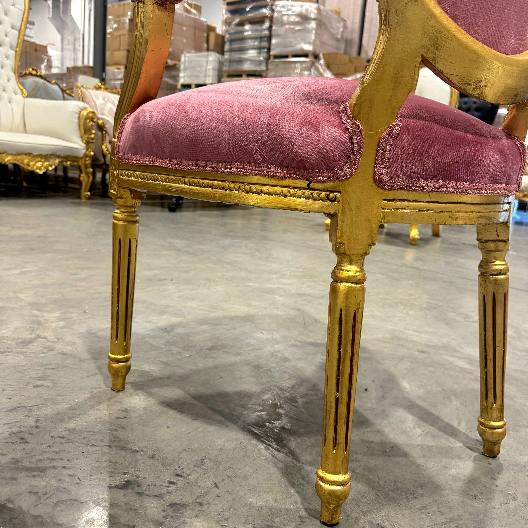 French Style Tufted Pink Velvet Chair with Gold Leaf Details Rococo
