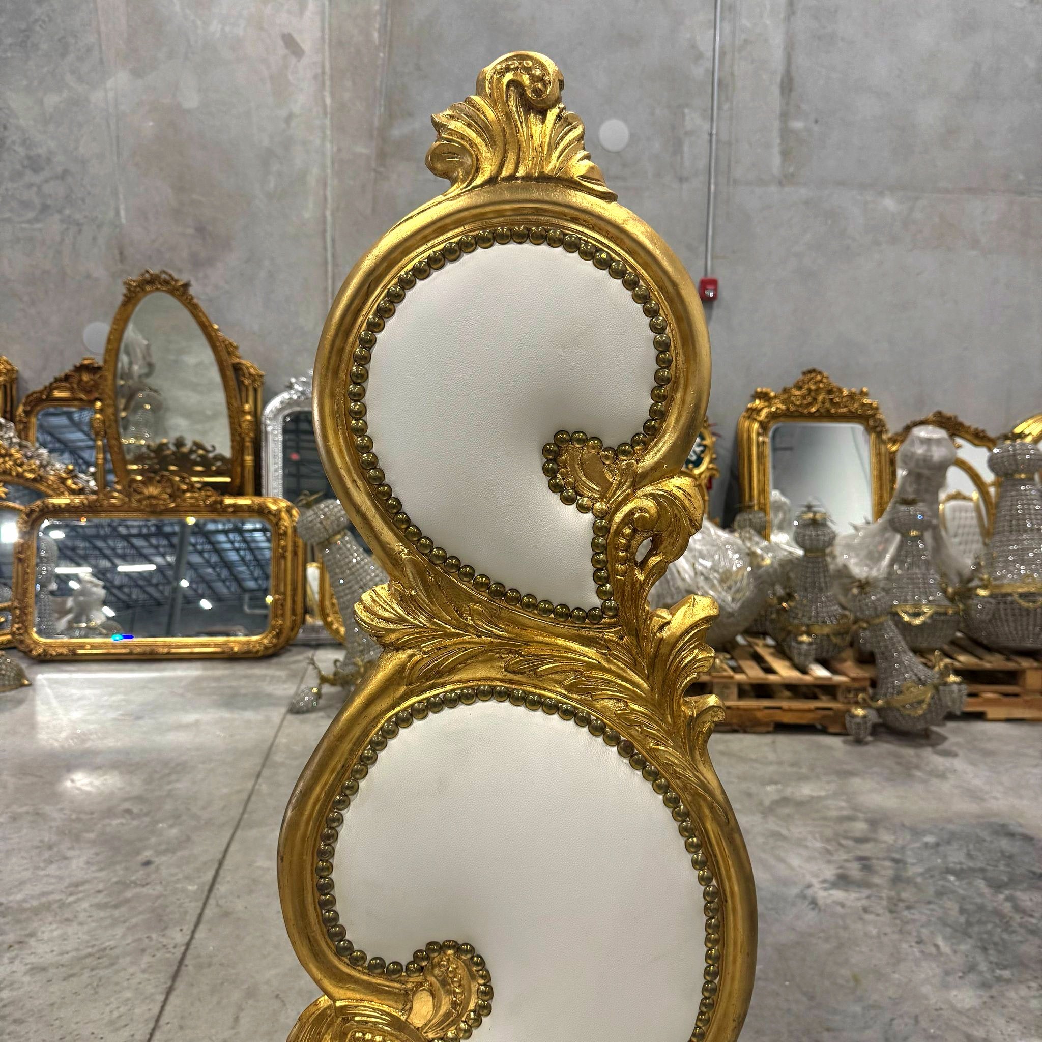French Style Art Chair White Leather and Gold Leaf Details
