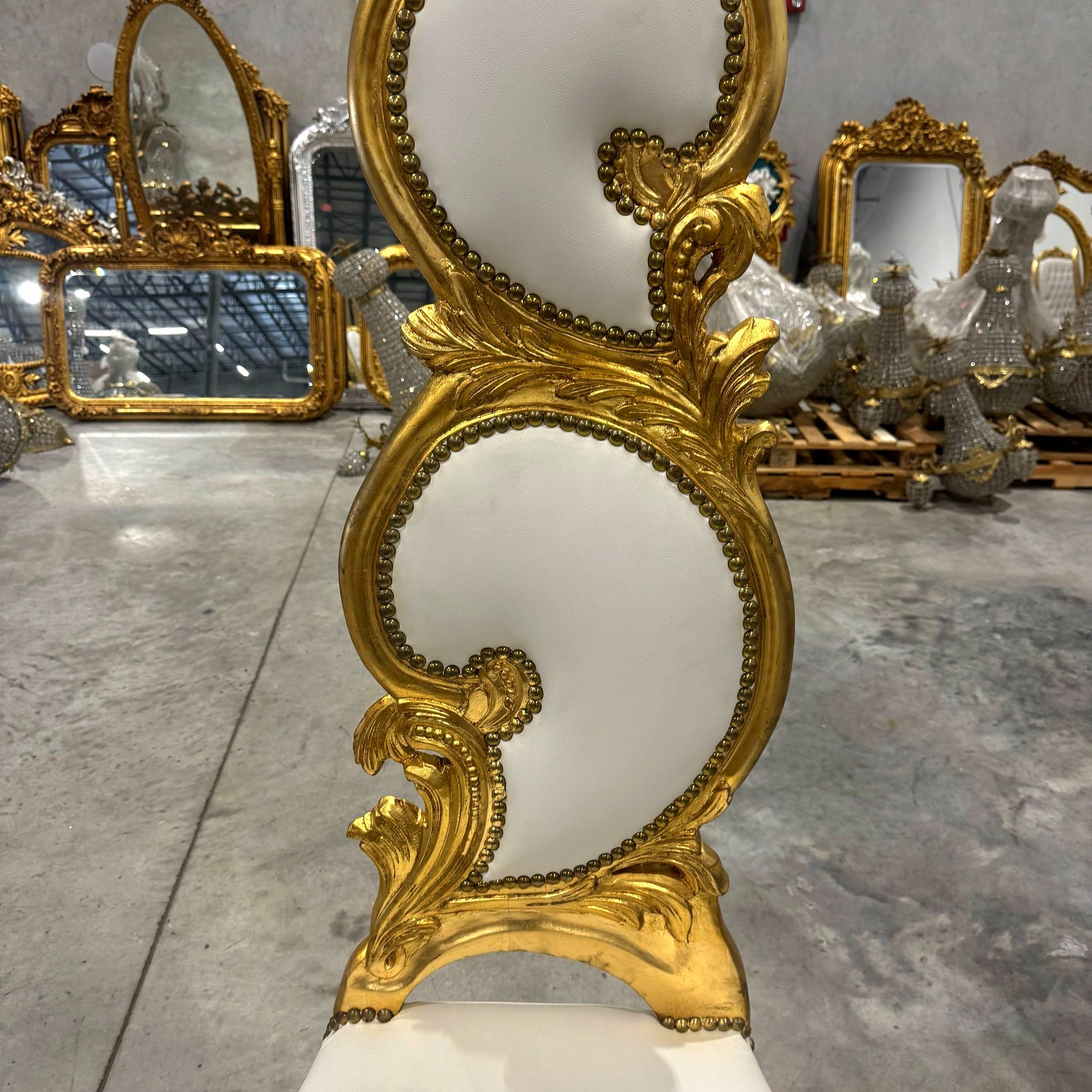 French Style Art Chair White Leather and Gold Leaf Details