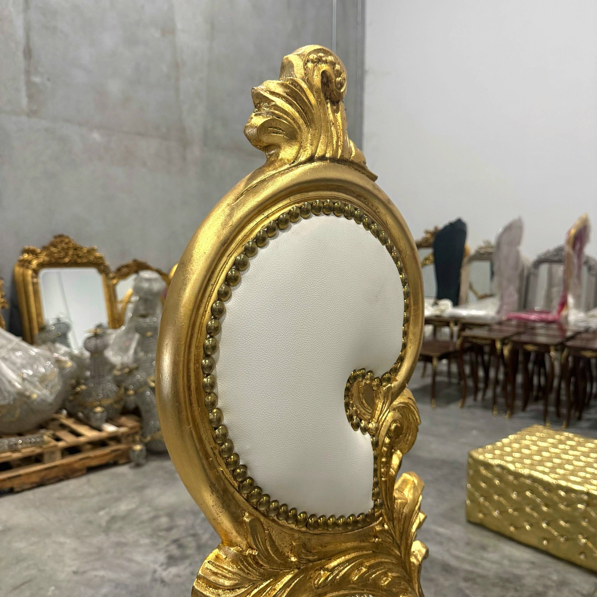 French Style Art Chair White Leather and Gold Leaf Details