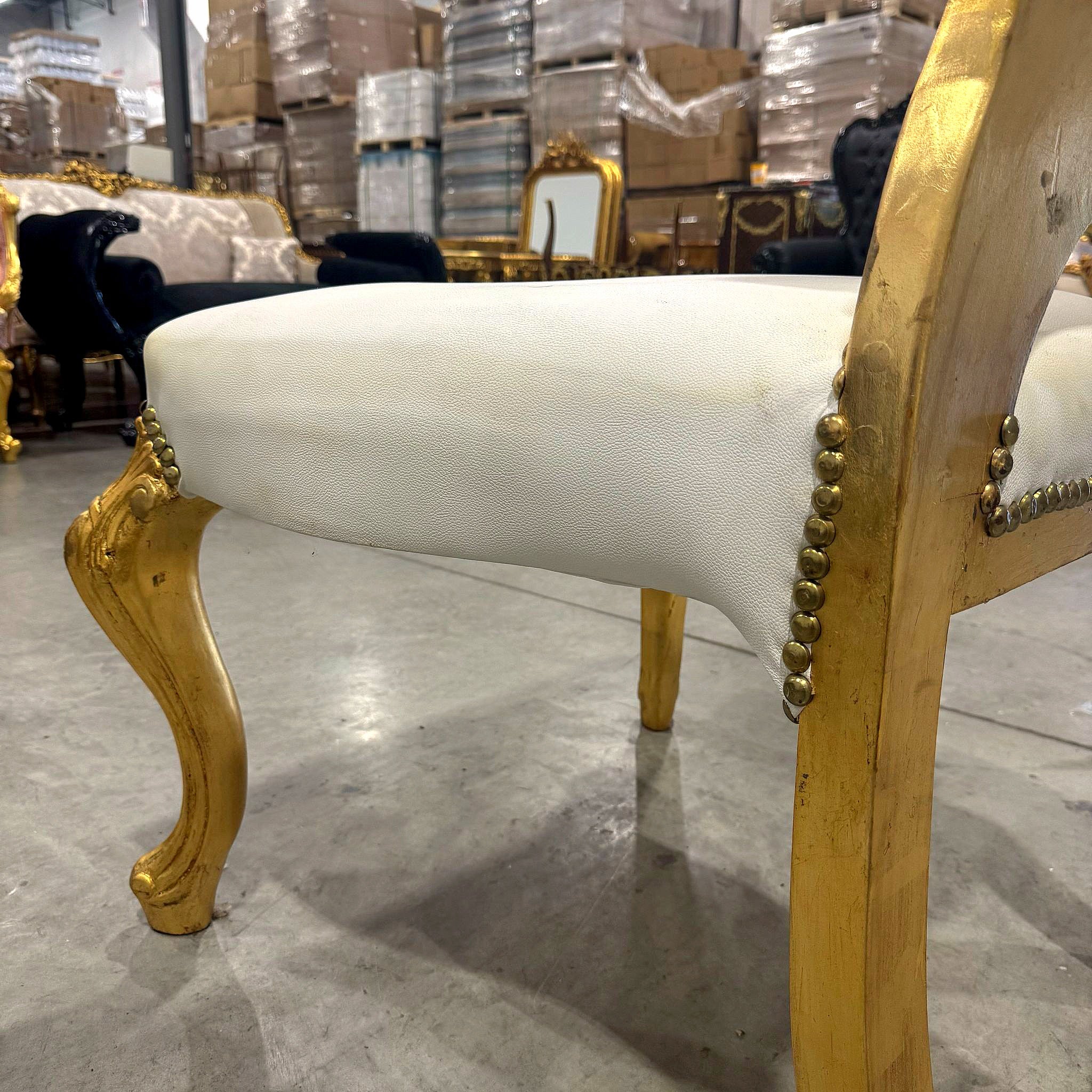 French Style Art Chair White Leather and Gold Leaf Details