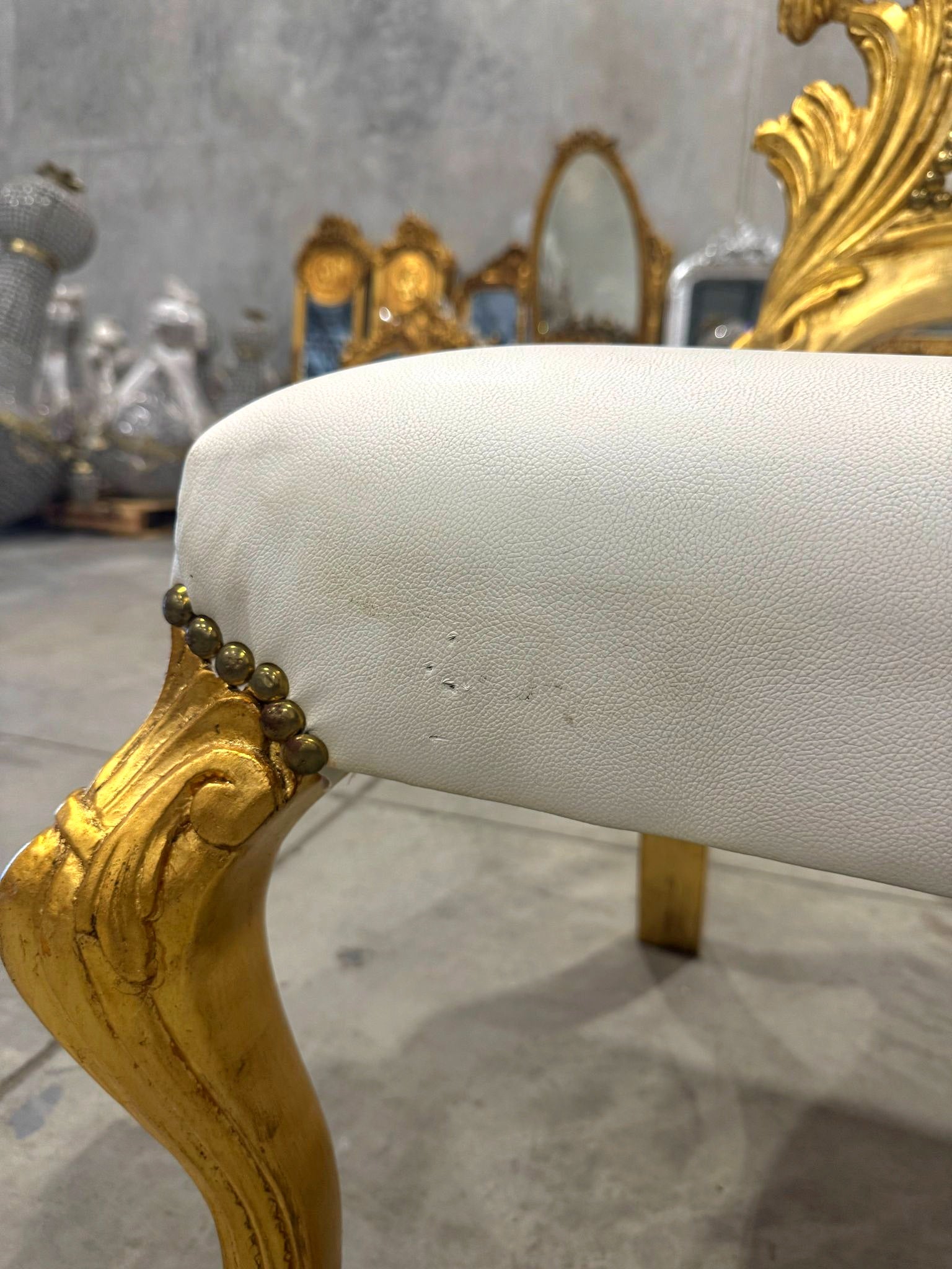 French Style Art Chair White Leather and Gold Leaf Details