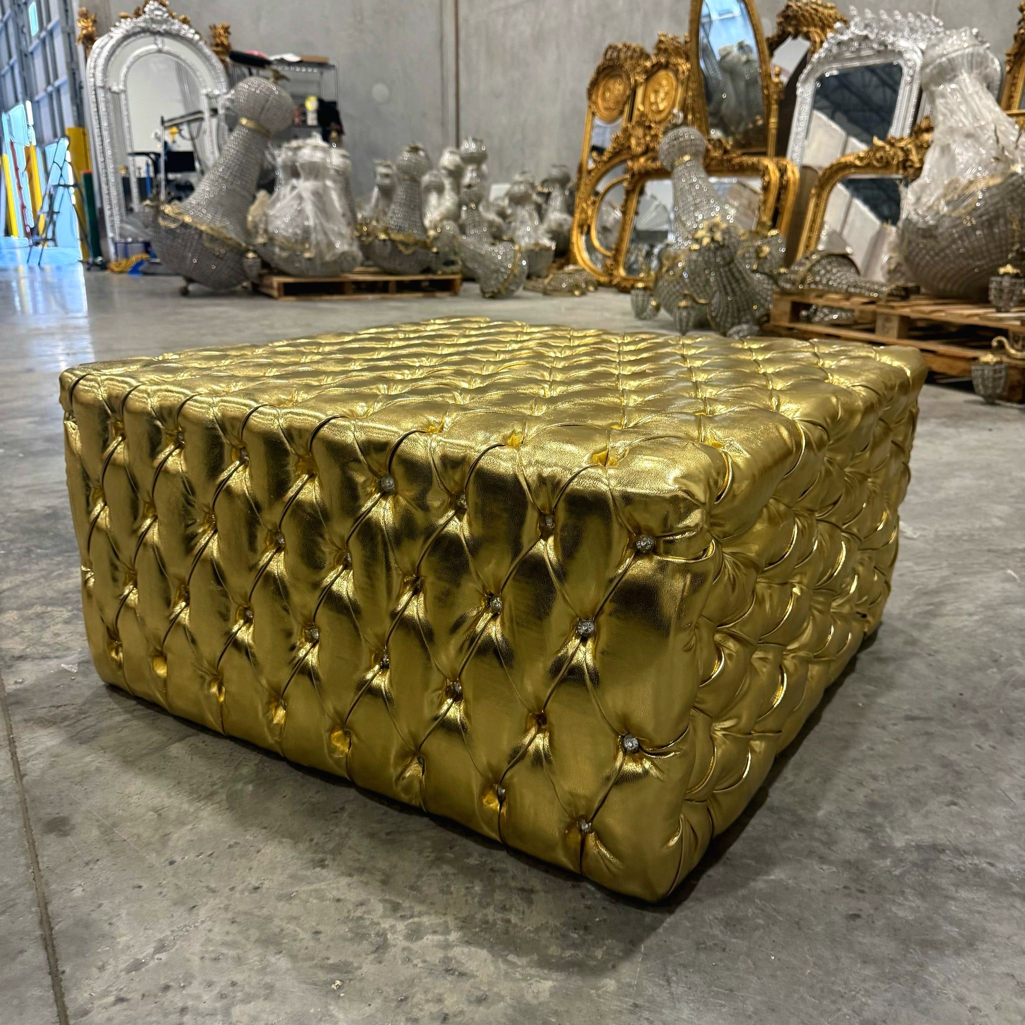 Chesterfield Footstool Gold Leather Tufted fabric Crystal Buttons