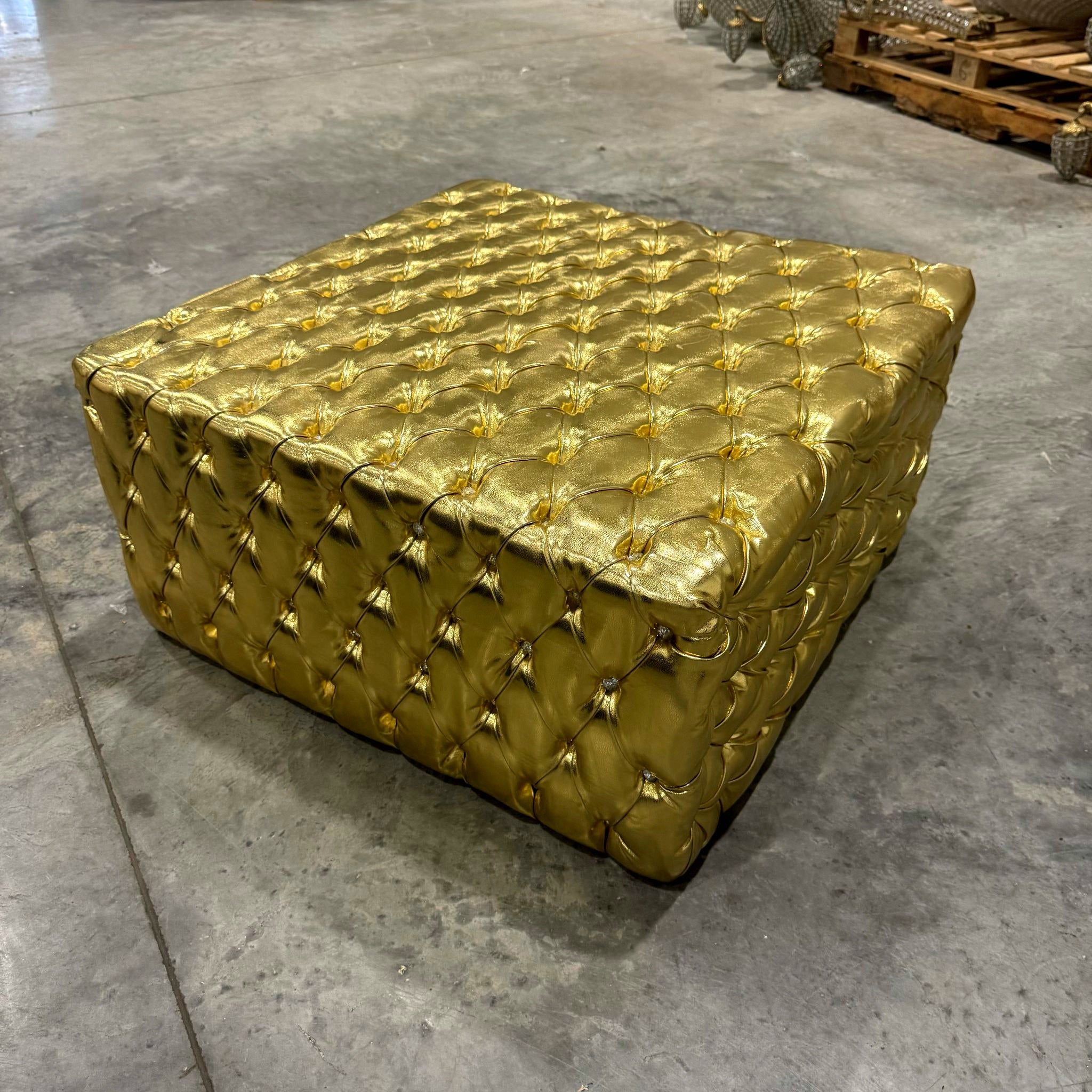 Chesterfield Footstool Gold Leather Tufted fabric Crystal Buttons
