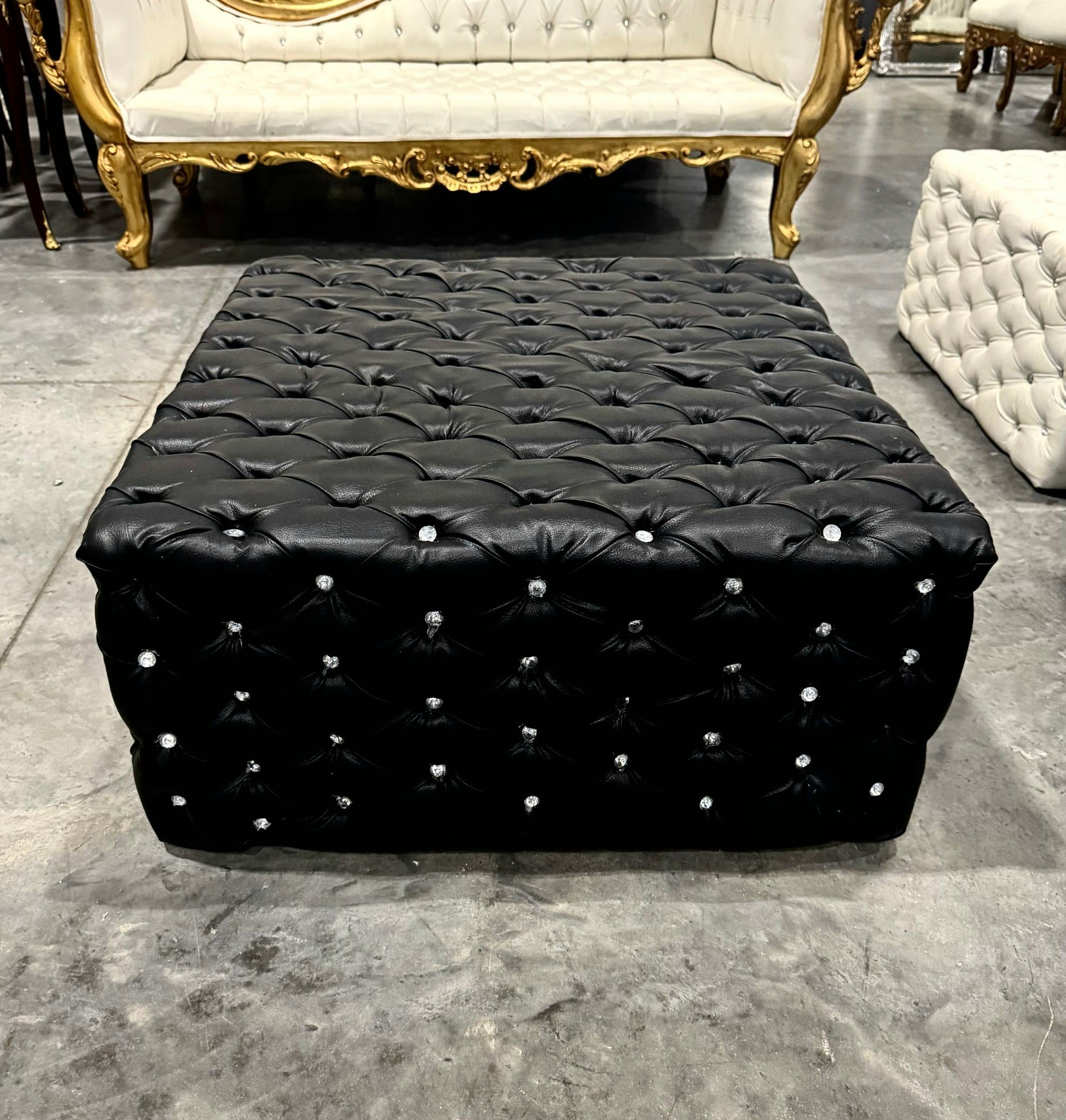 Chesterfield Footstool Black Leather Tufted fabric Crystal Buttons