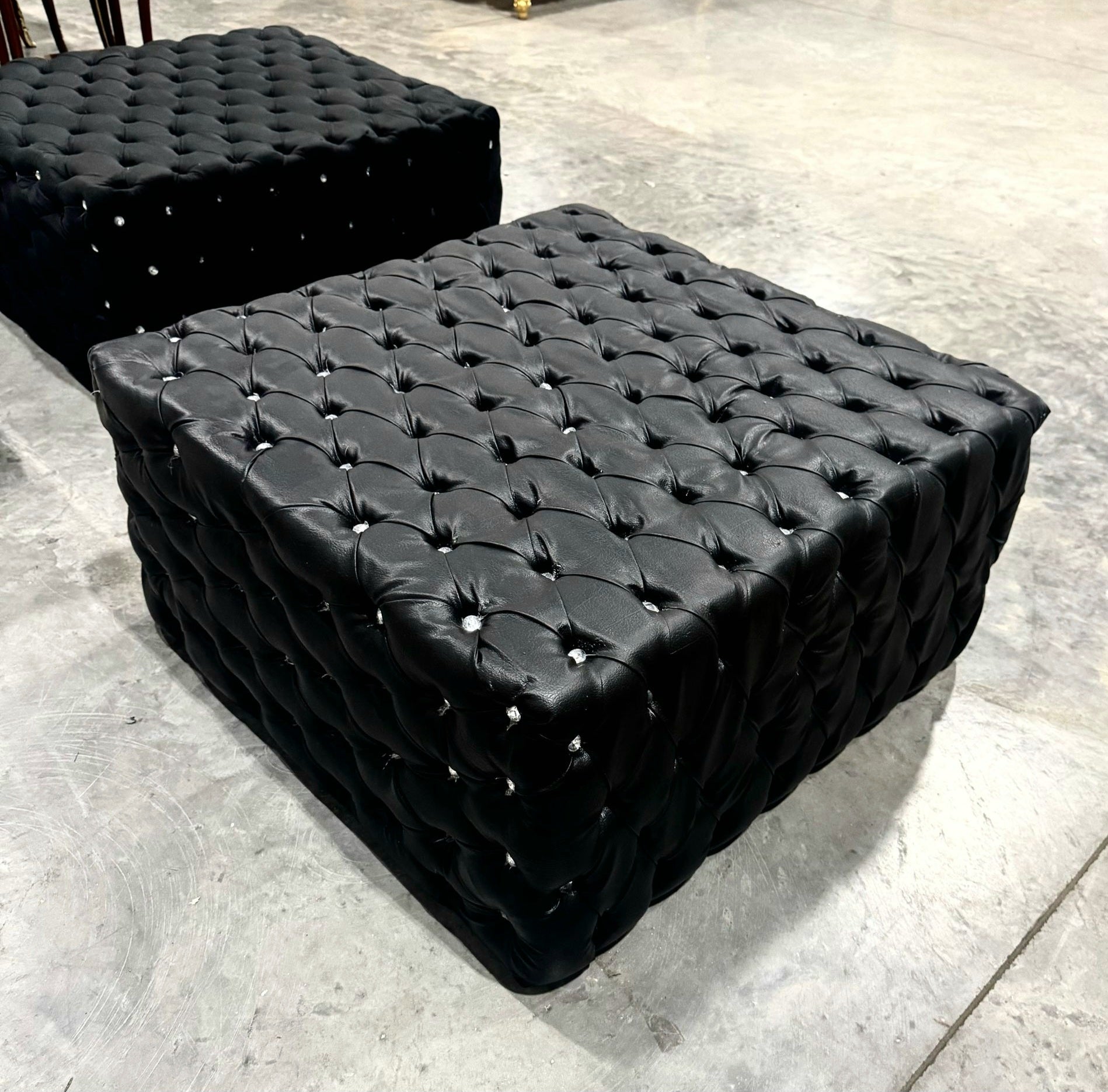 Chesterfield Footstool Black Leather Tufted fabric Crystal Buttons