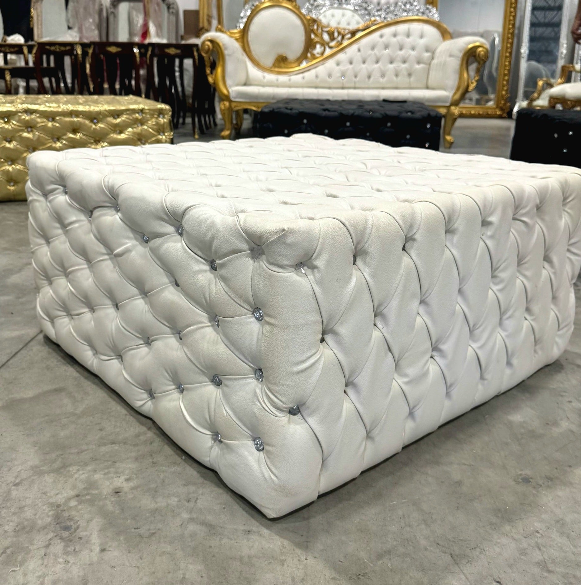 Chesterfield Footstool White Leather Tufted fabric Crystal Buttons