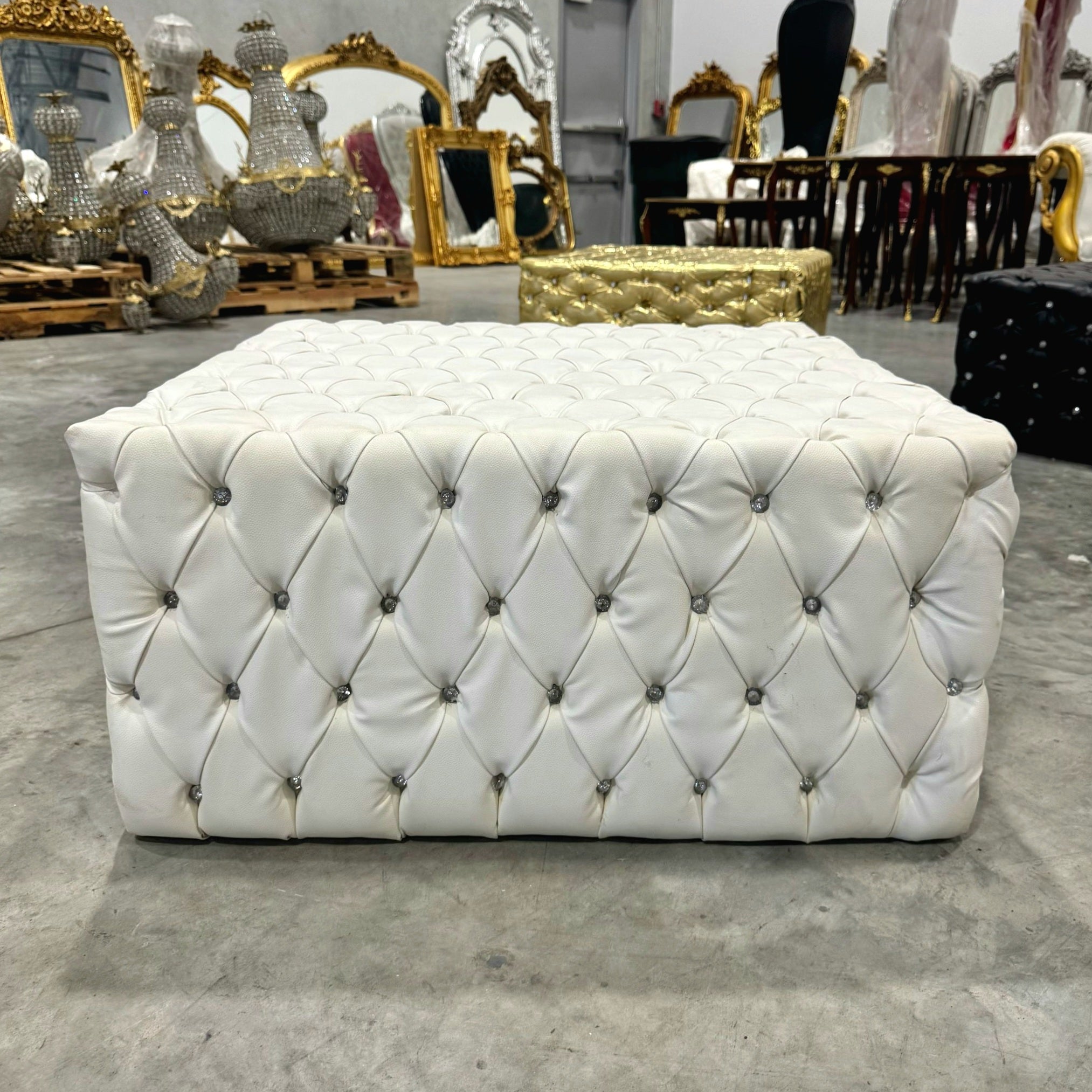 Chesterfield Footstool White Leather Tufted fabric Crystal Buttons